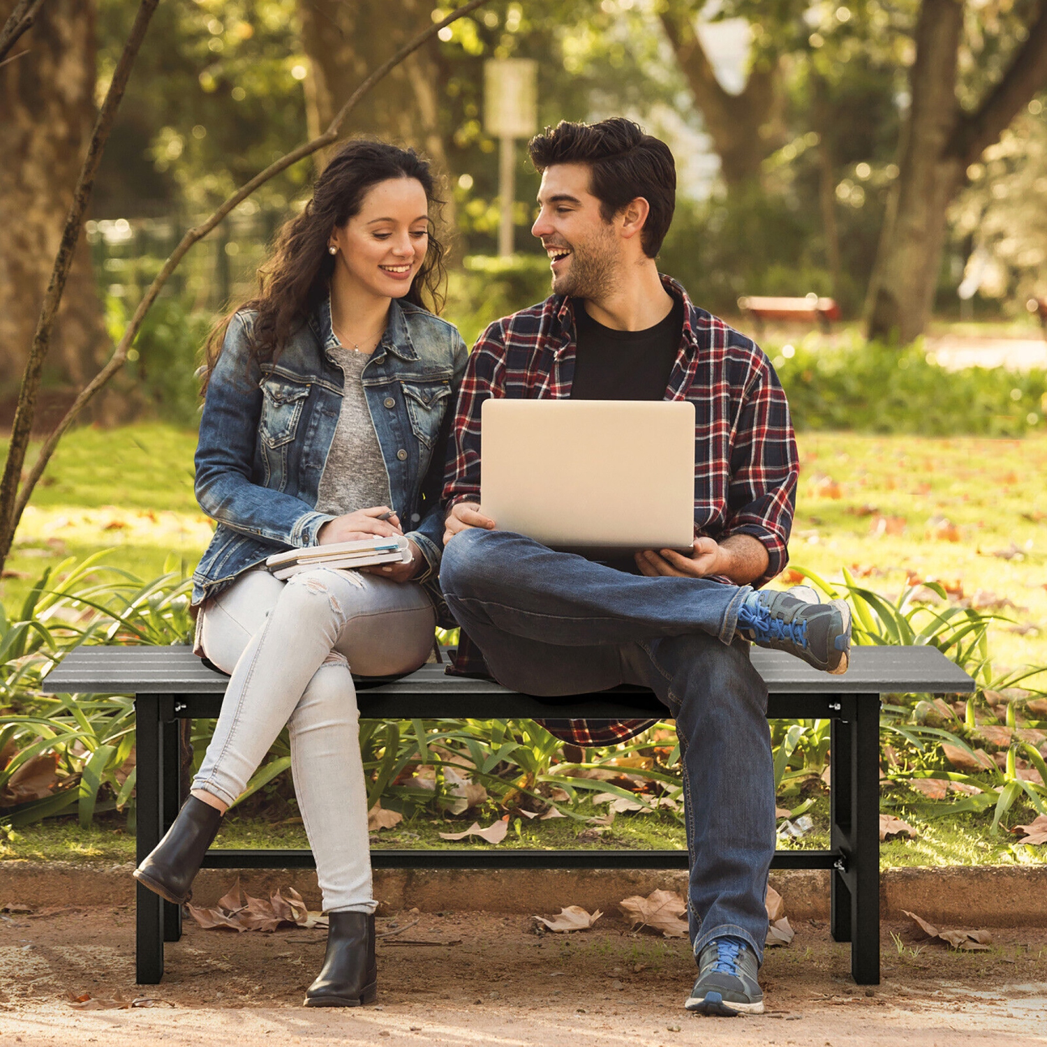 Gymax Outdoor HDPE Bench w/ Metal Frame 47'' x 14'' x 16'' for Yard Garden