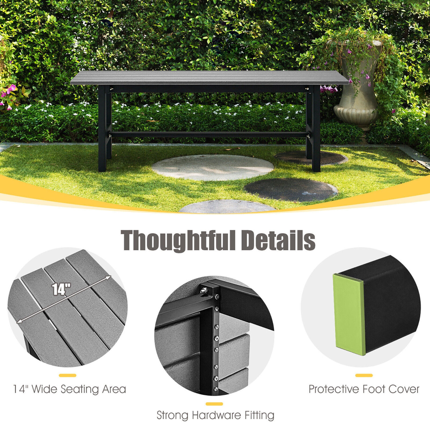 Gymax Outdoor HDPE Bench w/ Metal Frame 47'' x 14'' x 16'' for Yard Garden