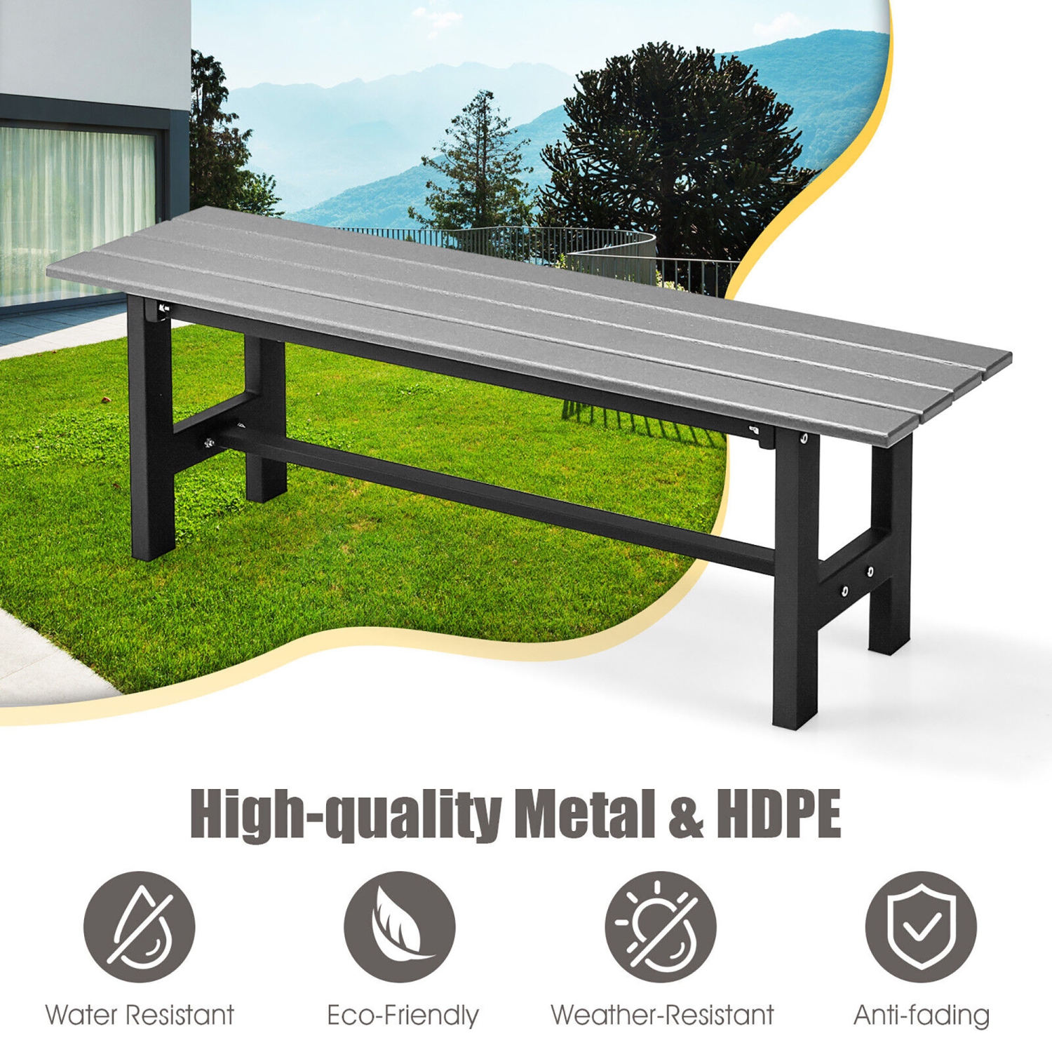 Gymax Outdoor HDPE Bench w/ Metal Frame 47'' x 14'' x 16'' for Yard Garden