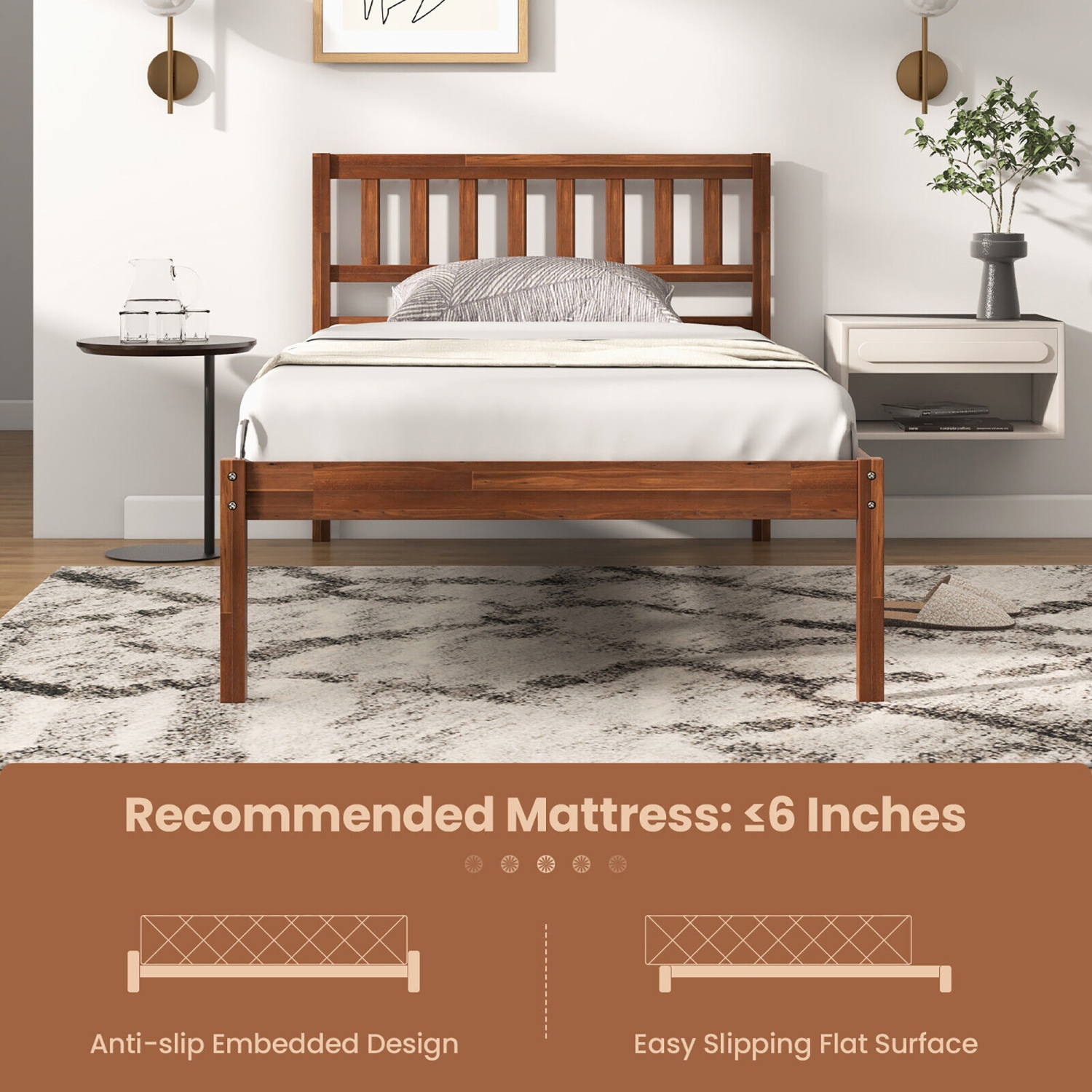 Gymax Twin/Full/Queen Platform Bed with Headboard Solid Wood Leg Mattress Foundation Walnut