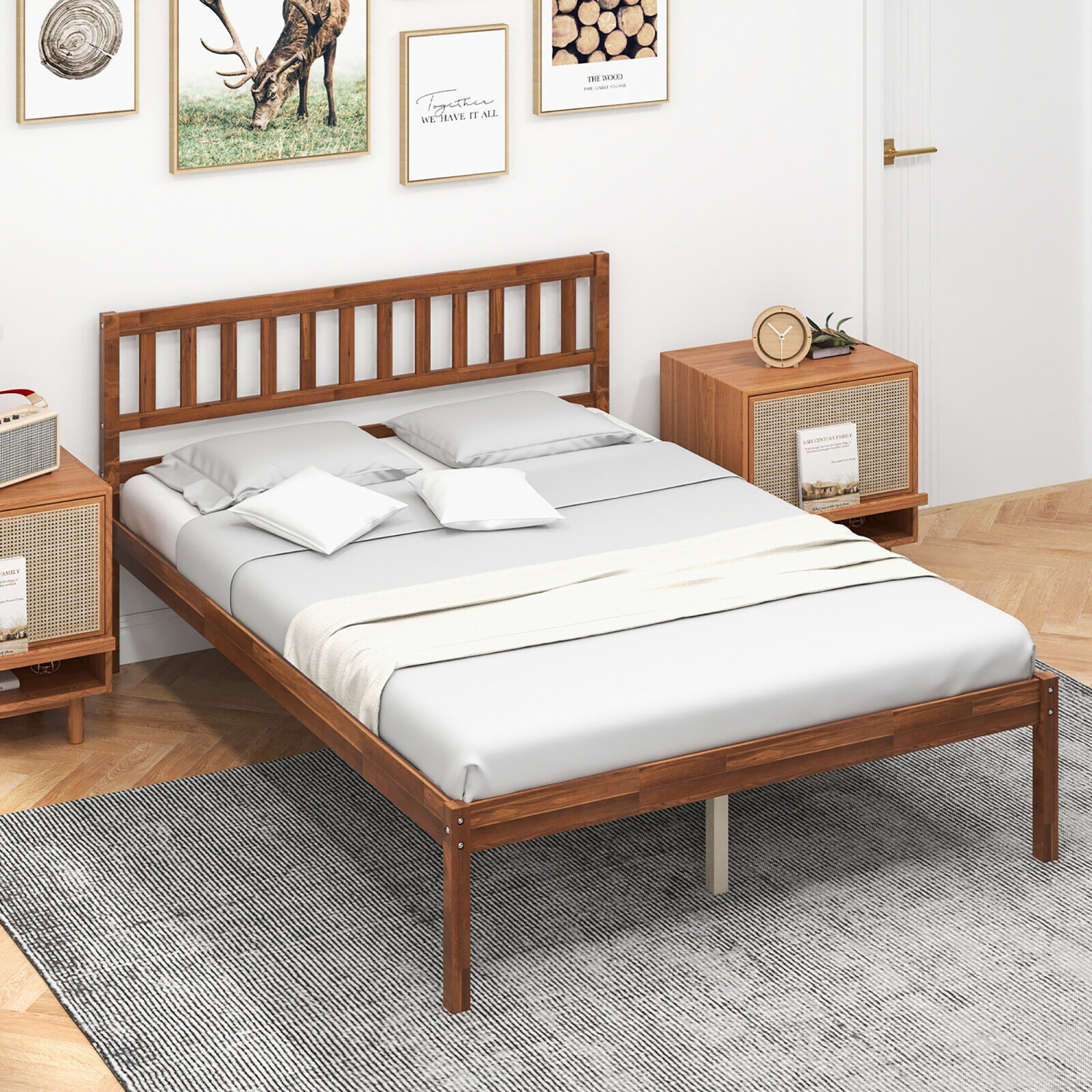 Gymax Twin/Full/Queen Platform Bed with Headboard Solid Wood Leg Mattress Foundation Walnut