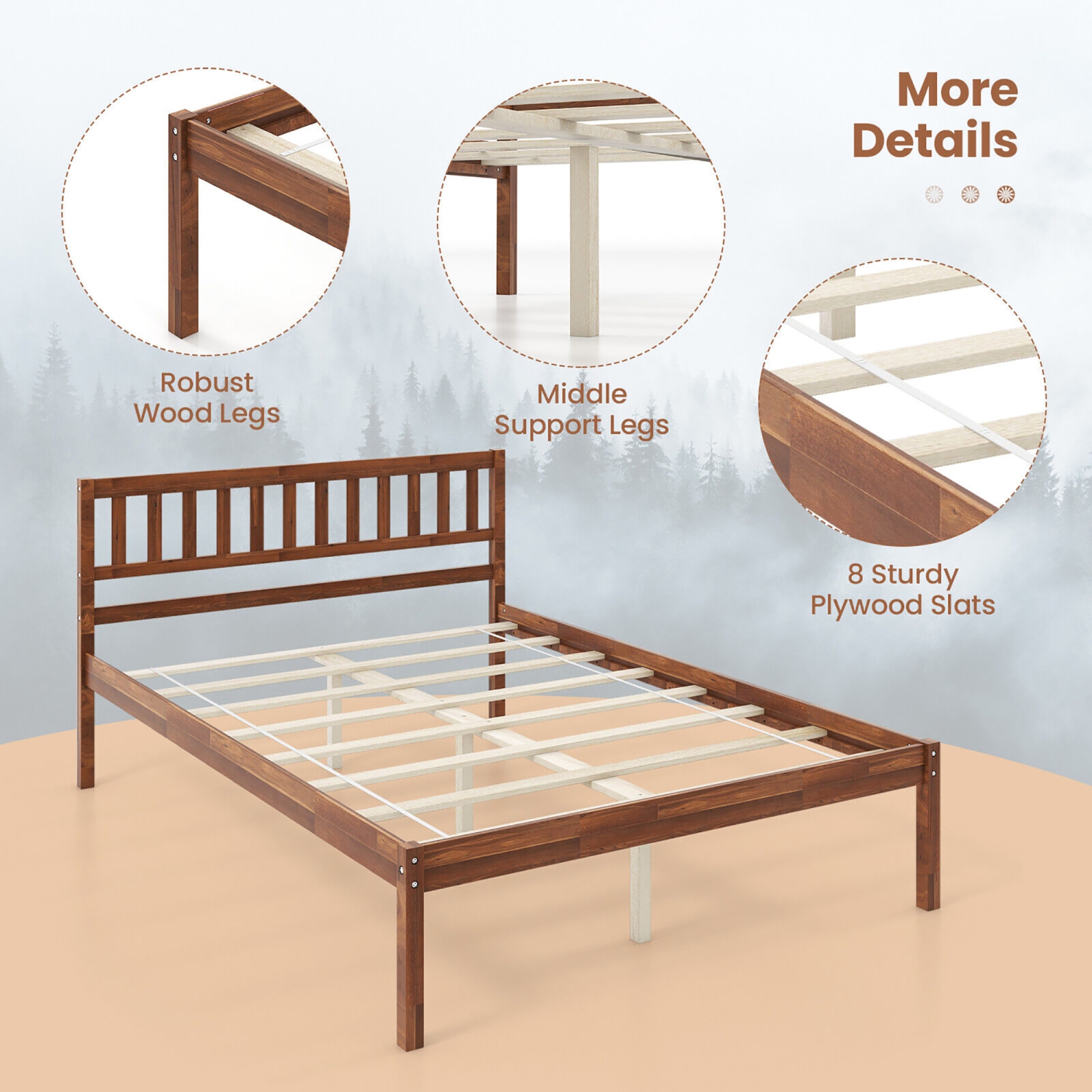 Gymax Twin/Full/Queen Platform Bed with Headboard Solid Wood Leg Mattress Foundation Walnut