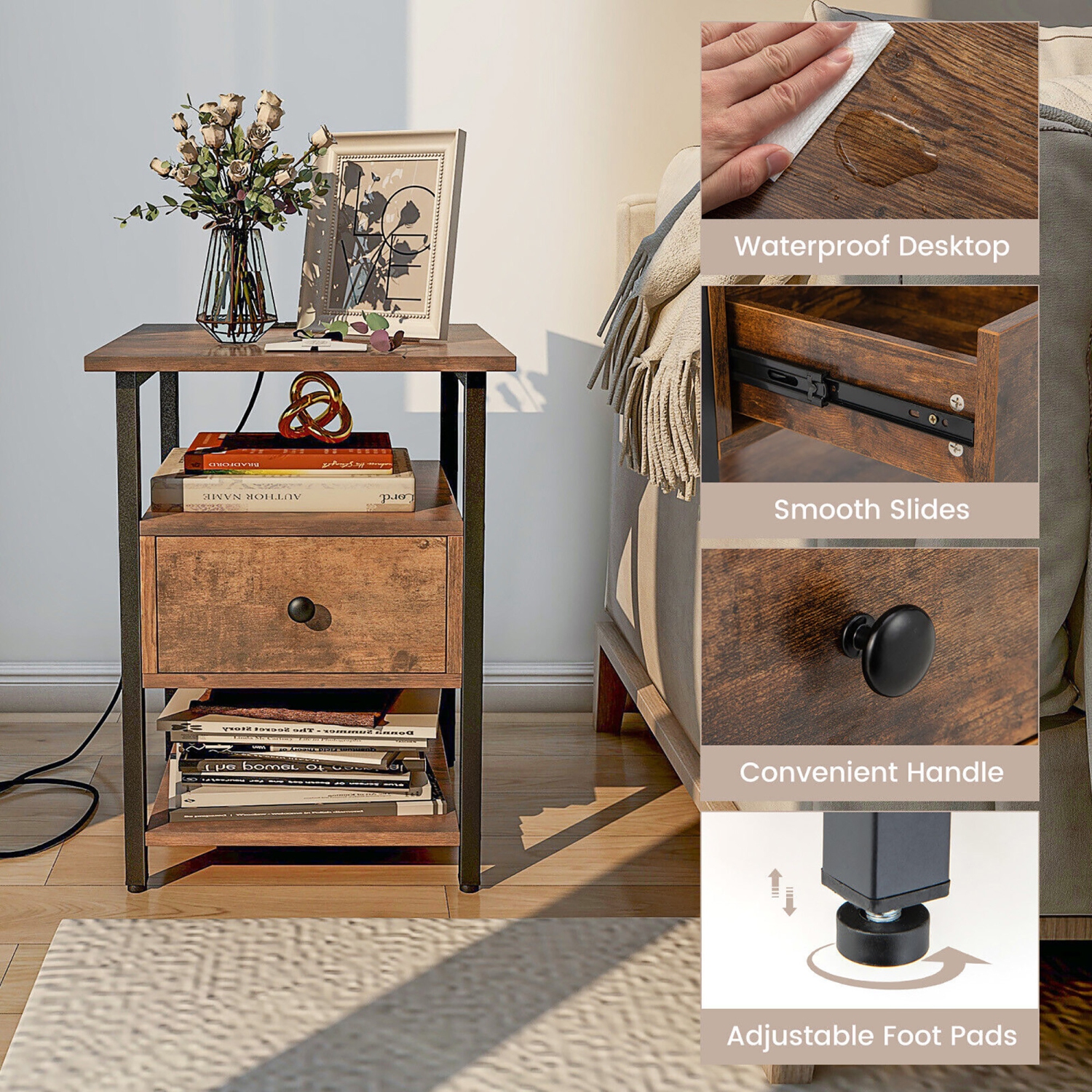 Gymax 2PCS Nightstand Bedside Sofa End Table w/ Charging Station Open Shelves & Drawer