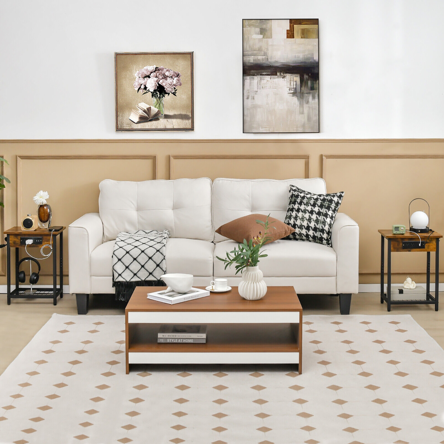 Gymax 2PCS Bedside Sofa Tables Nightstand w/ Charging Station for Bedroom Living Room