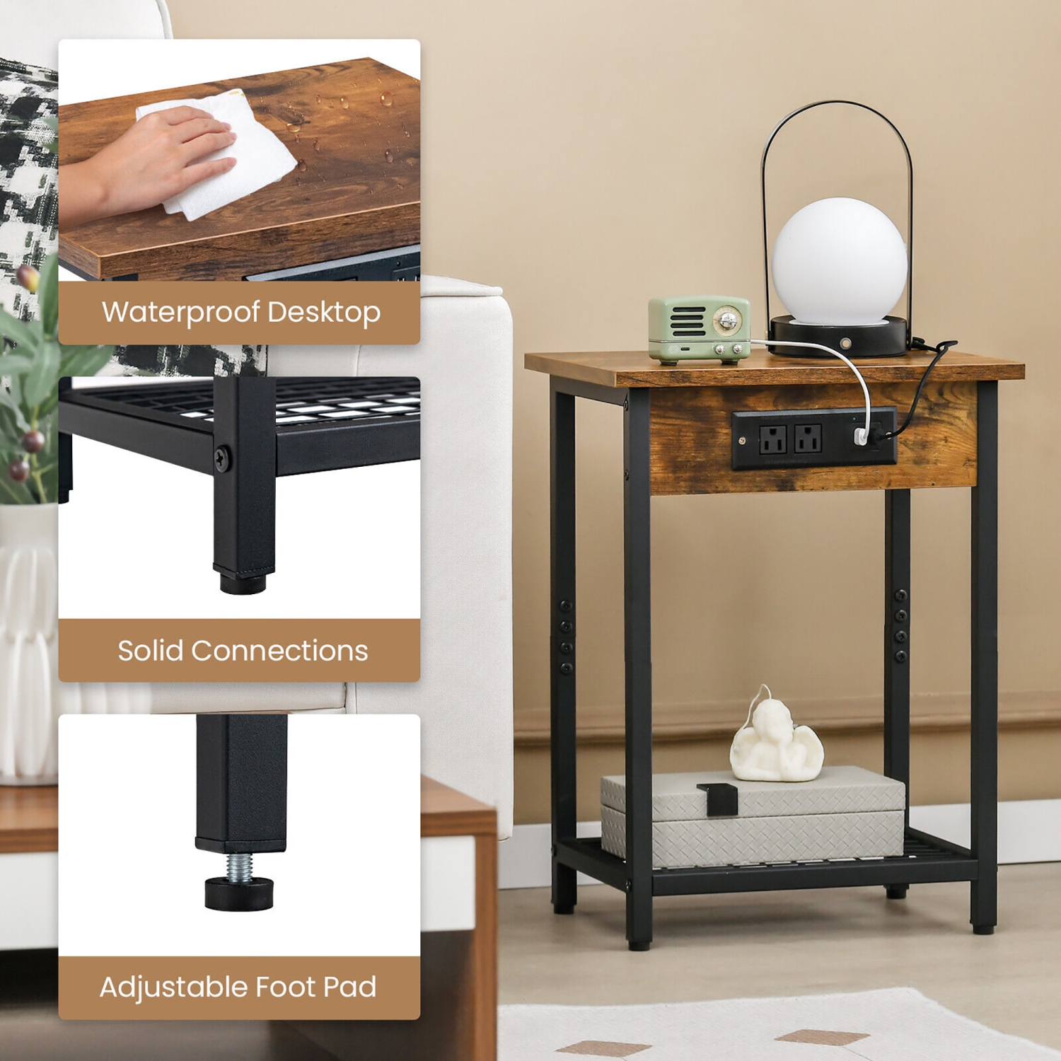 Gymax 2PCS Bedside Sofa Tables Nightstand w/ Charging Station for Bedroom Living Room