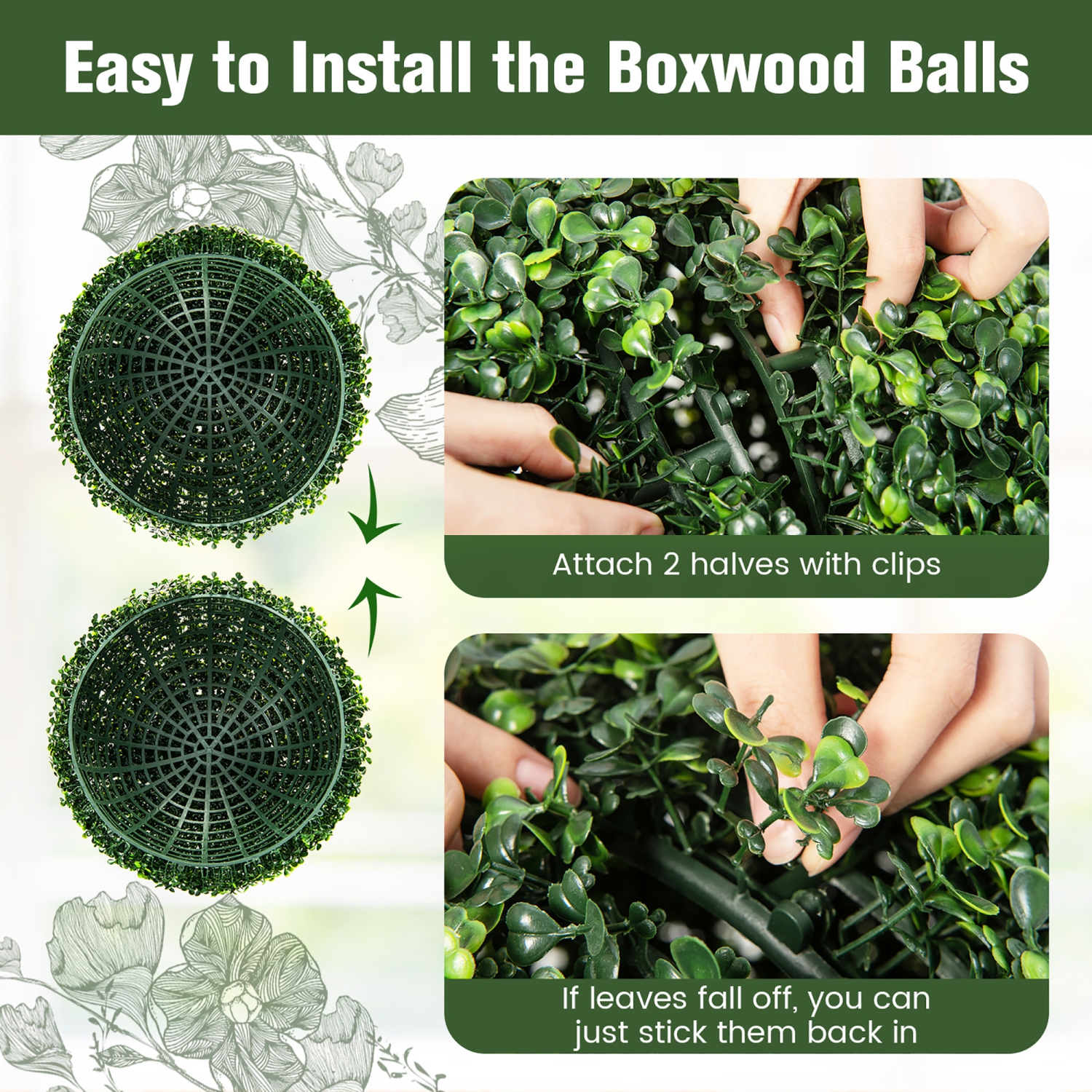 Gymax 2 PCS Artificial Plant Topiary Ball 19'' Faux Decorative Balls for Indoor Outdoor