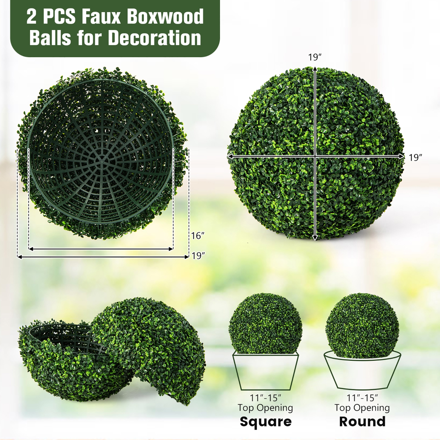Gymax 2 PCS Artificial Plant Topiary Ball 19'' Faux Decorative Balls for Indoor Outdoor