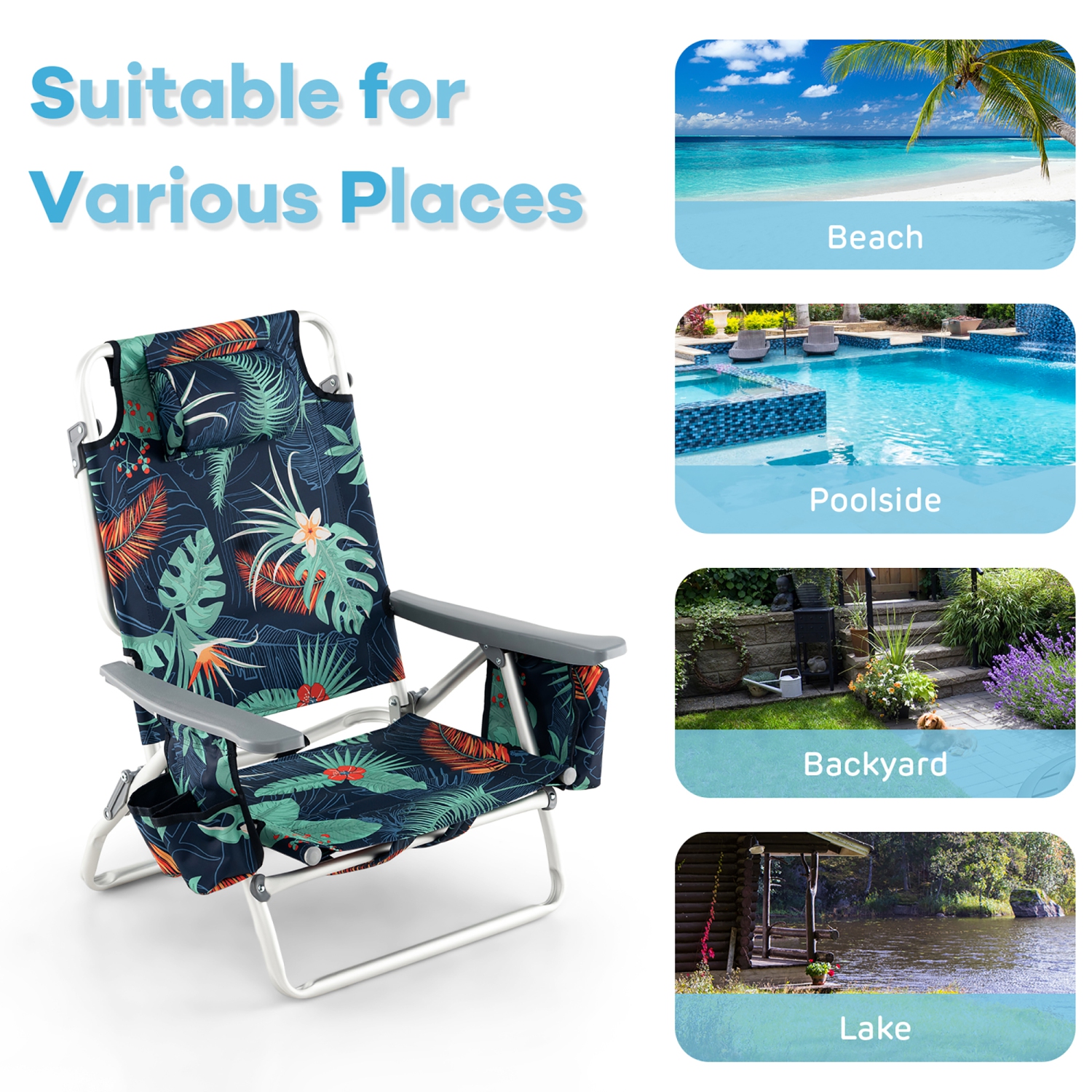 Gymax 2-Pack Folding Backpack Beach Chair Table Set 5-Position Outdoor Reclining Chair