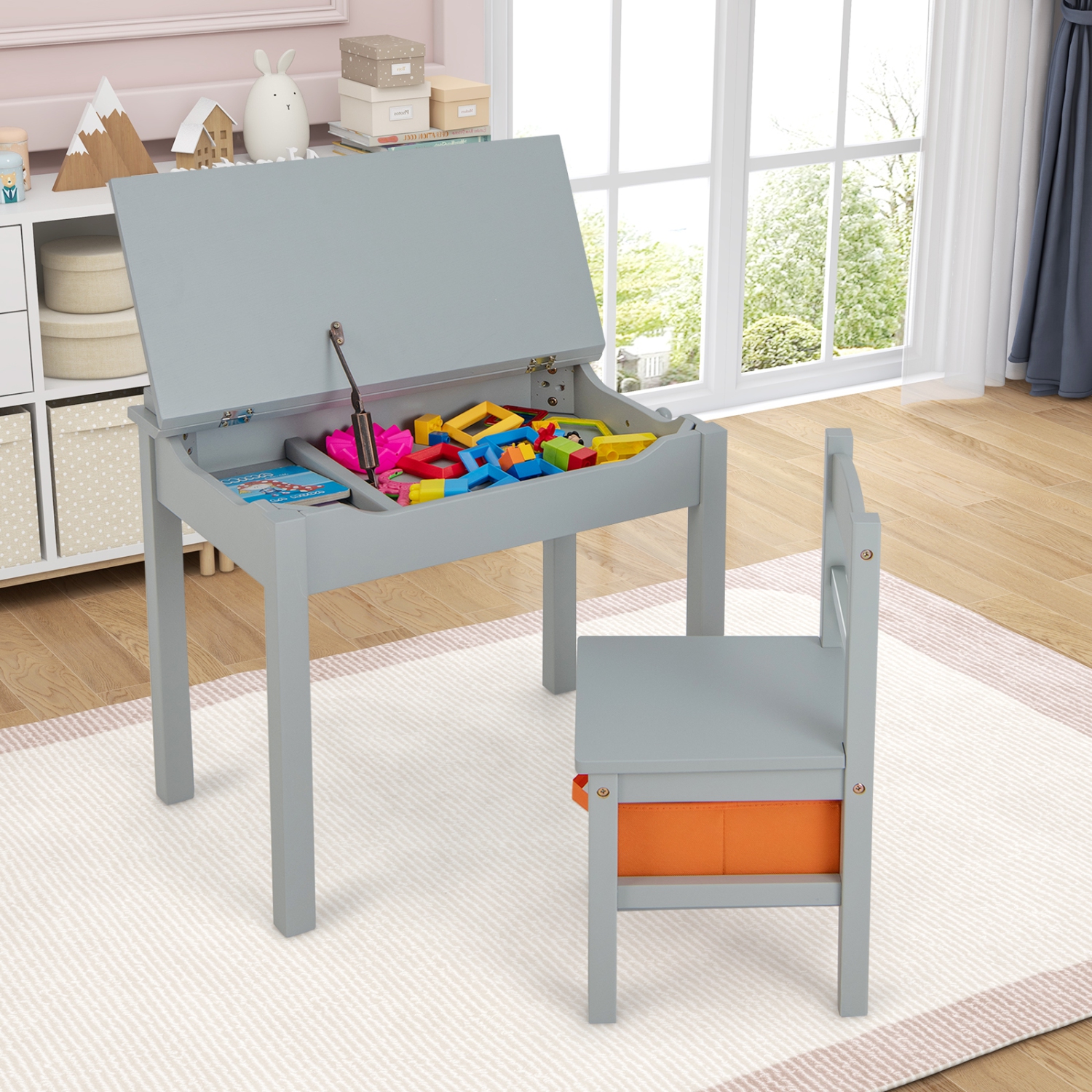 Gymax Kids Table and Chair Set Wood Activity Study Desk w/ Storage Drawer Hook