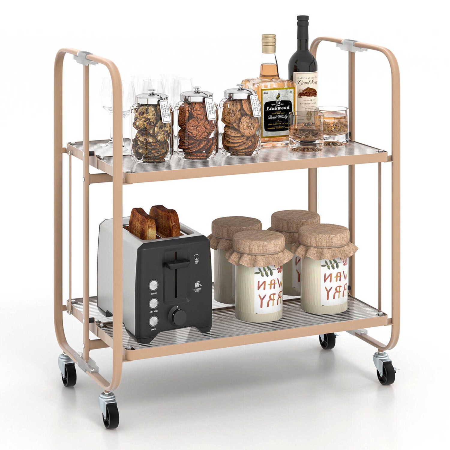 Gymax 2-tier Foldable Kitchen Bar Cart Mobile Tempered Glass Serving Cart w/ Handle