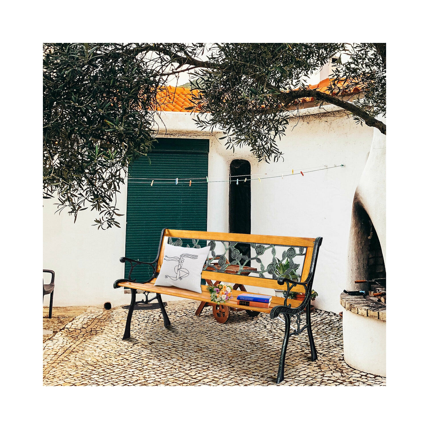 Topbuy Garden Iron Bench Porch Path Hardwood Chair for Patio Park Outdoor Deck