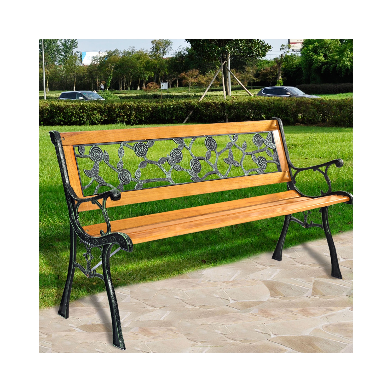 Topbuy Garden Iron Bench Porch Path Hardwood Chair for Patio Park Outdoor Deck