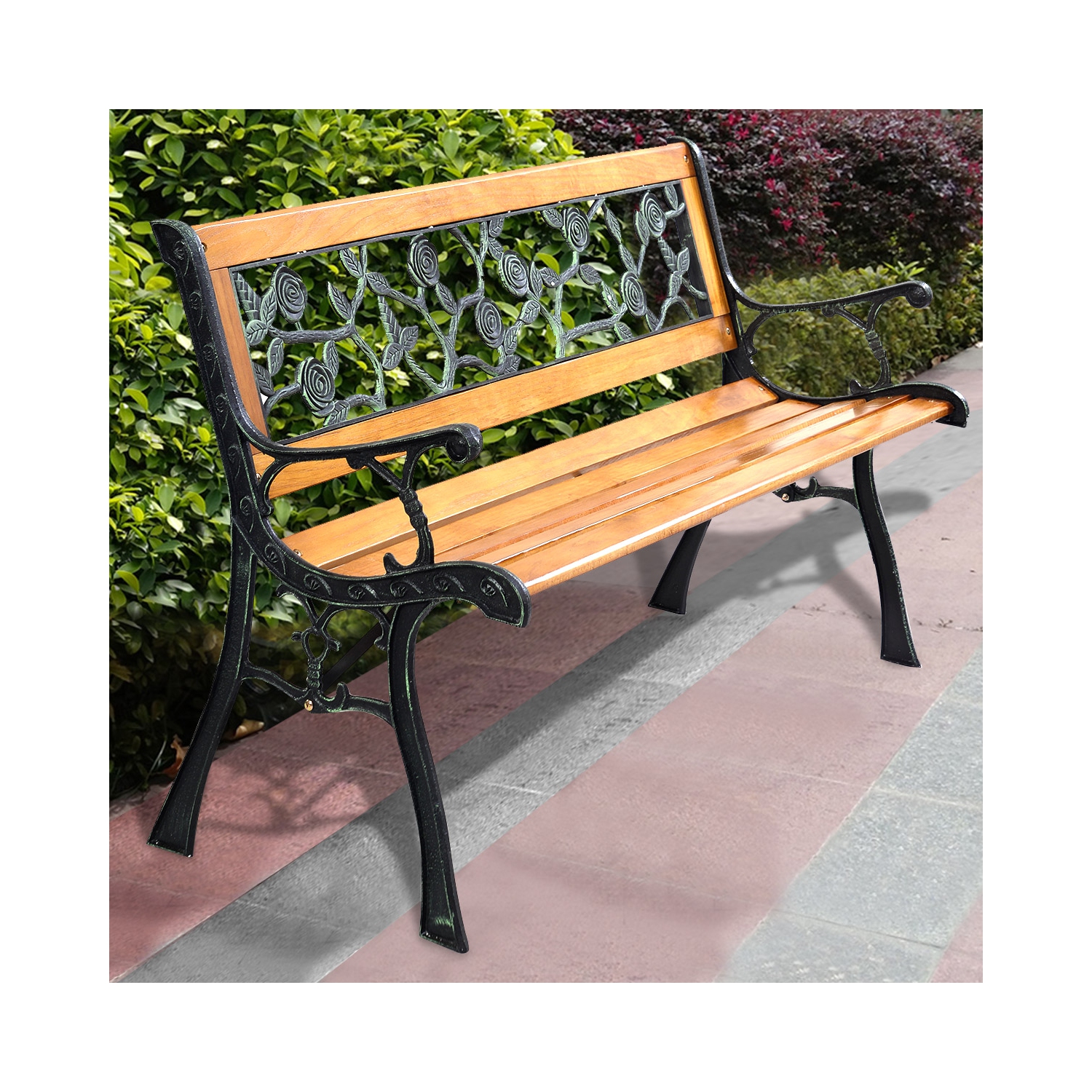 Topbuy Garden Iron Bench Porch Path Hardwood Chair for Patio Park Outdoor Deck