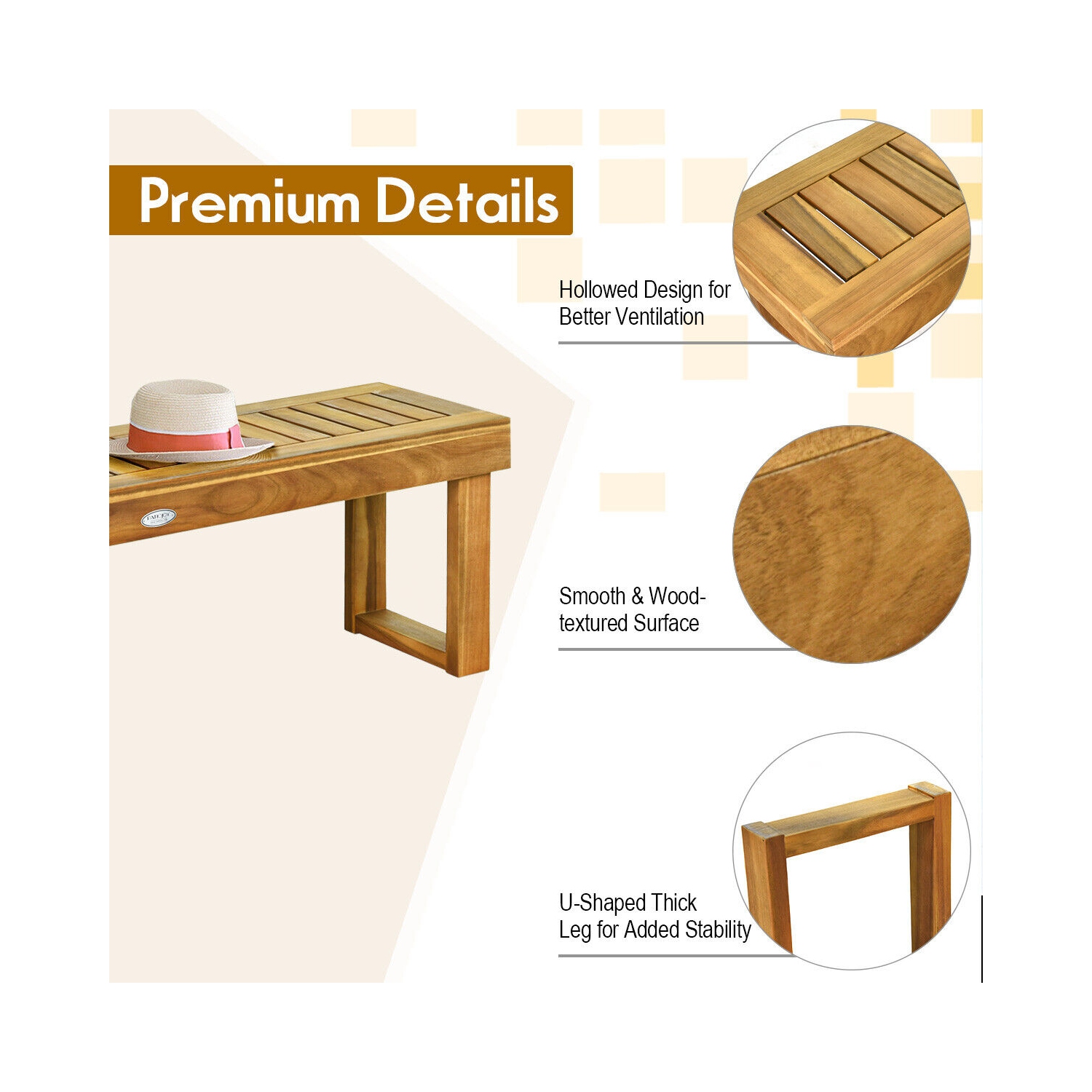Topbuy Acacia Wood Outdoor Backless Bench Rustic Patio Dining Bench with Slatted Seat