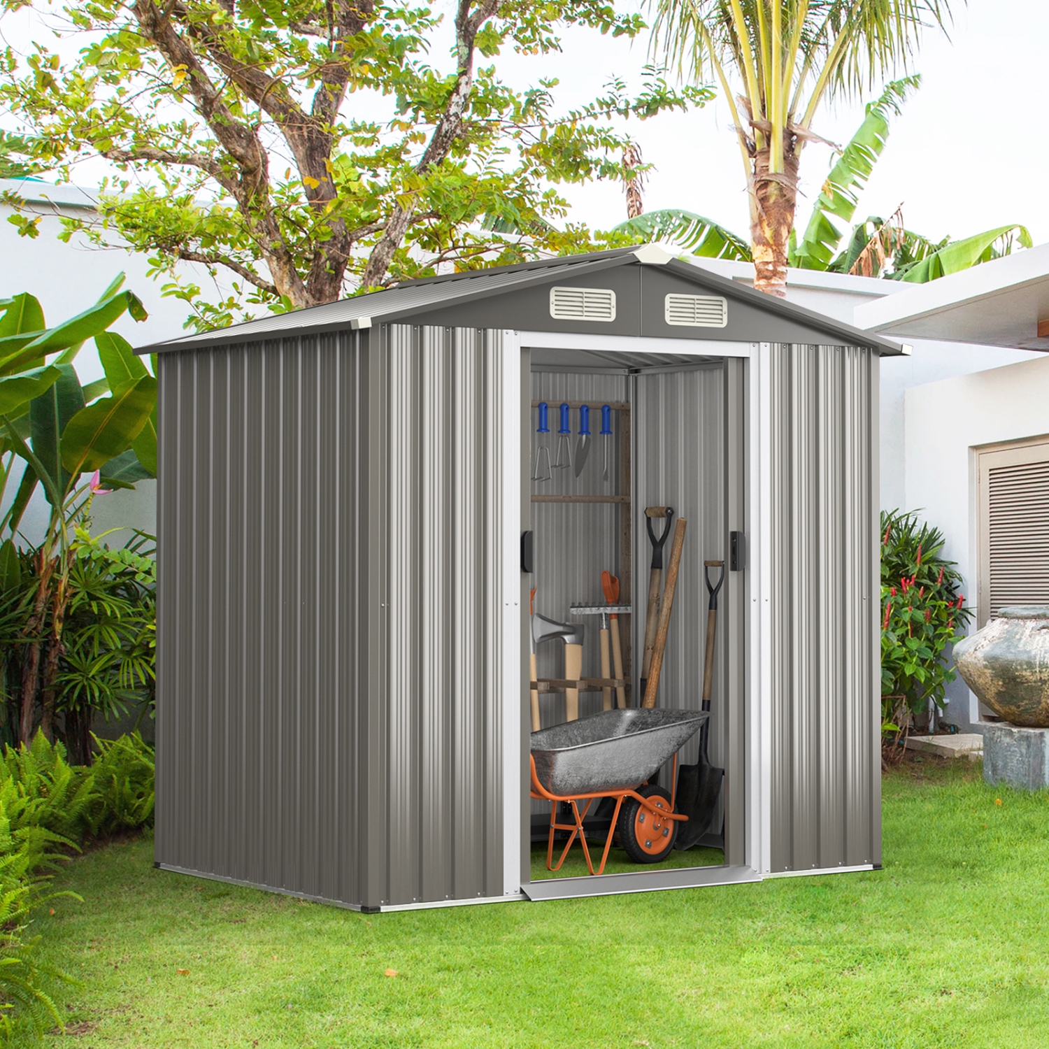Topbuy 6' x 4' Outdoor Storage Shed Weather Resistant Galvanized Steel Shed with Tilted Roof Lockable Sliding Doors & 4 Air Vents