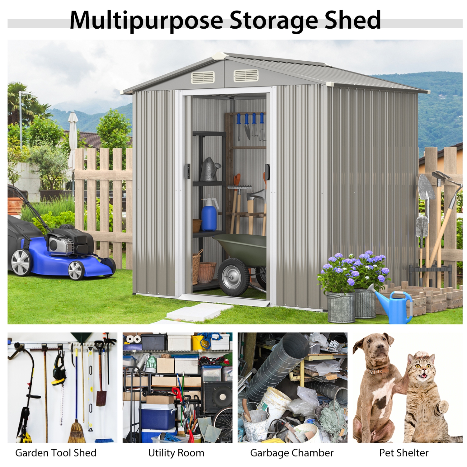 Topbuy 6' x 4' Outdoor Storage Shed Weather Resistant Galvanized Steel Shed with Tilted Roof Lockable Sliding Doors & 4 Air Vents