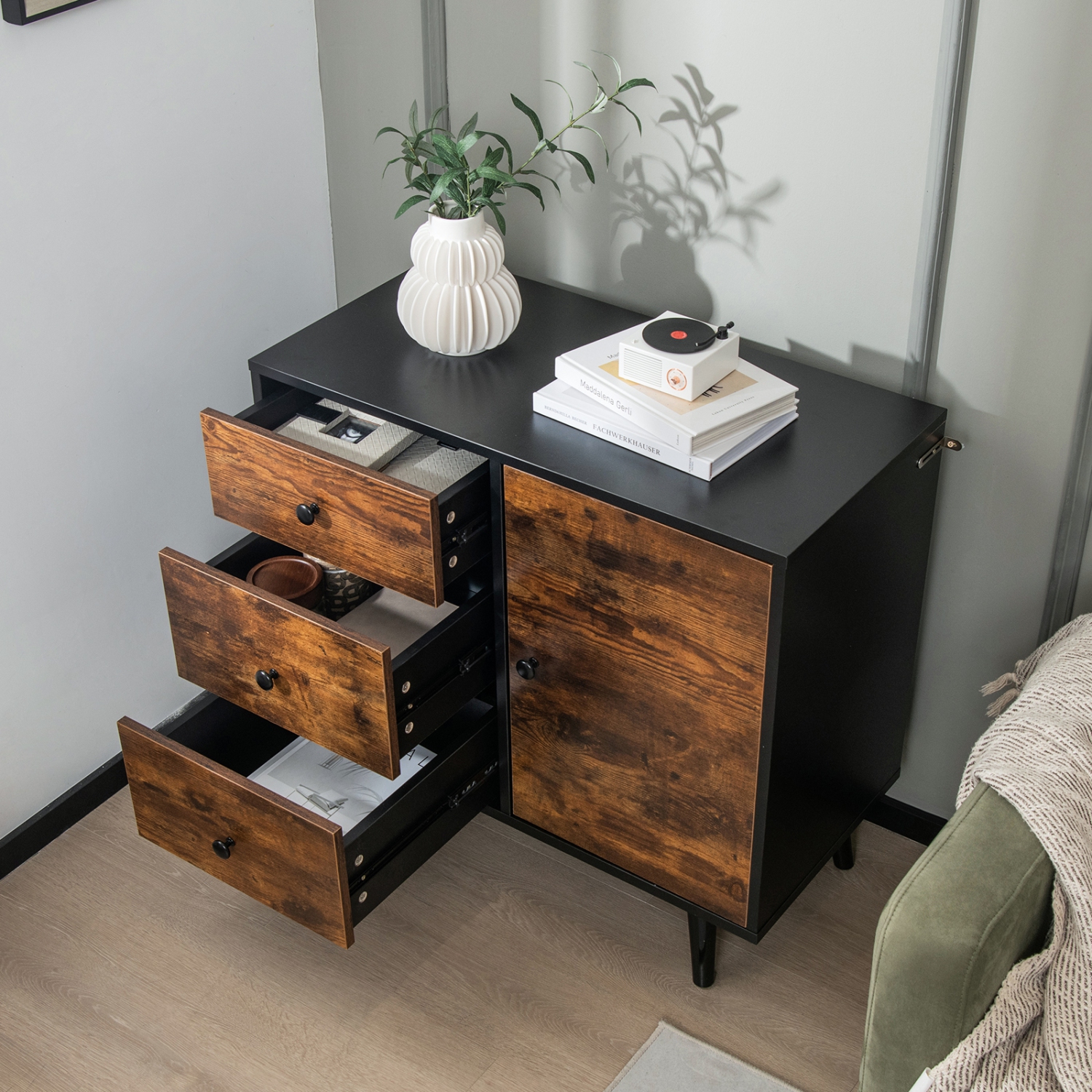 Armoire de rangement Topbuy à 3 tiroirs et armoire de porte en bois industriel avec tablette réglable