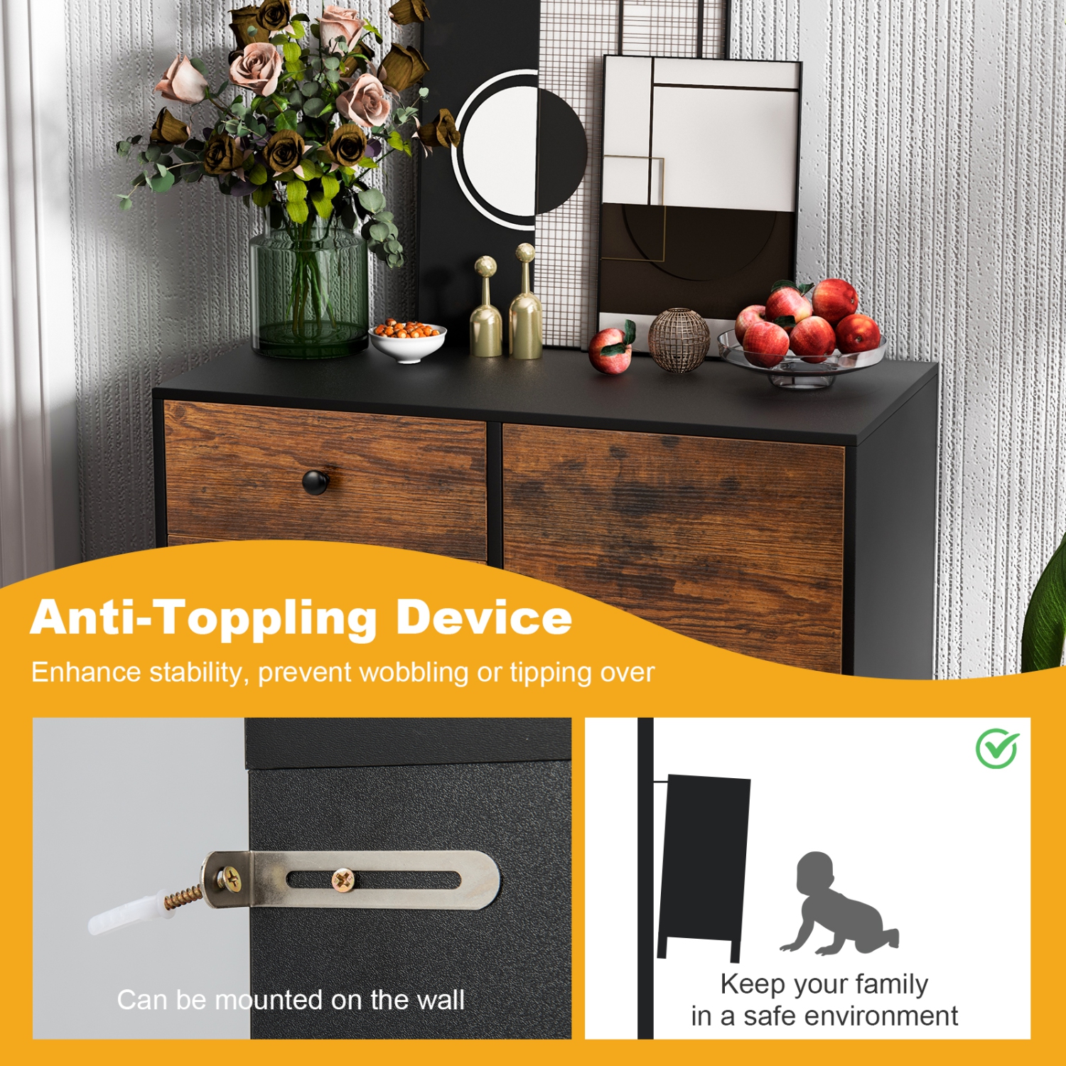 Armoire de rangement Topbuy à 3 tiroirs et armoire de porte en bois industriel avec tablette réglable