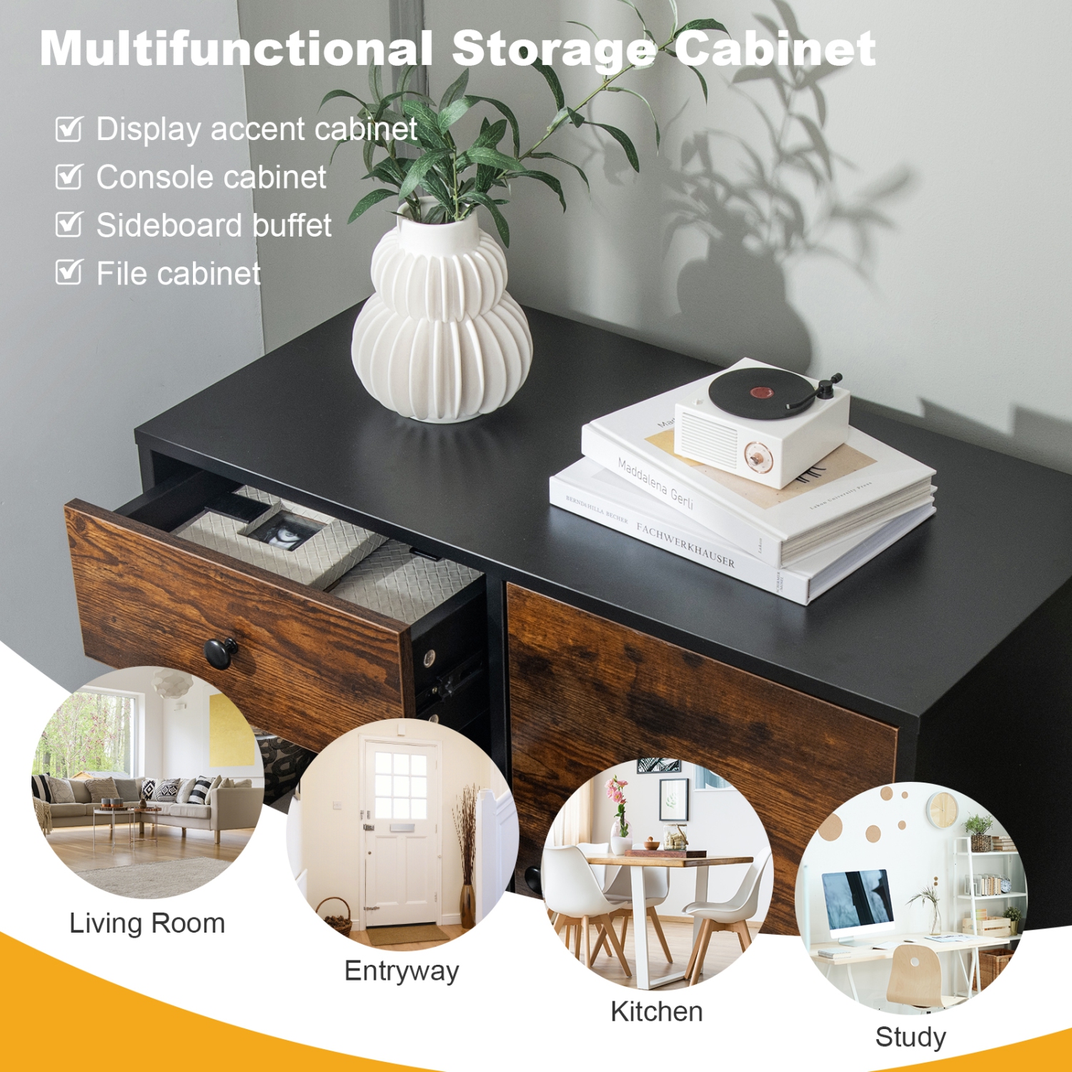 Armoire de rangement Topbuy à 3 tiroirs et armoire de porte en bois industriel avec tablette réglable