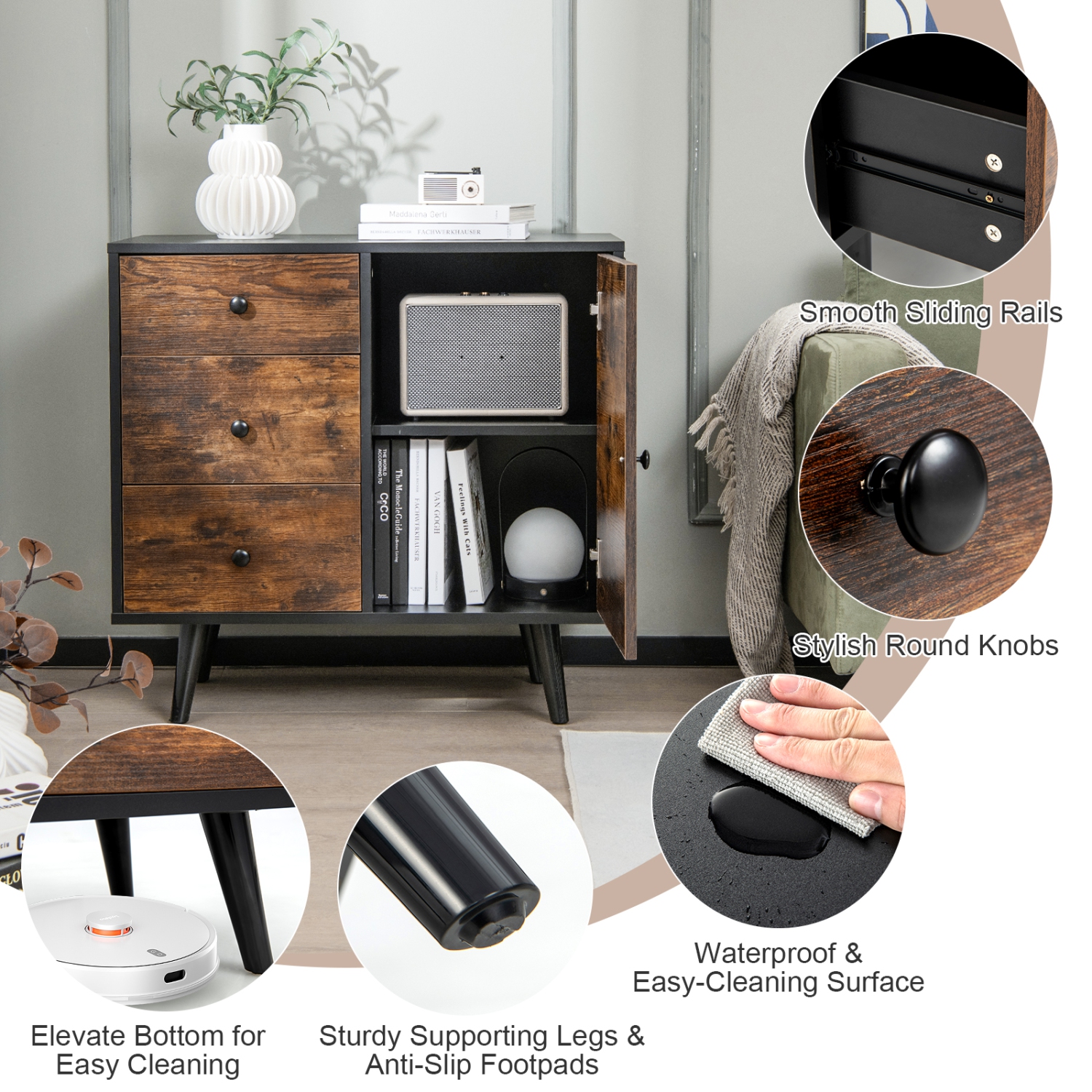 Armoire de rangement Topbuy à 3 tiroirs et armoire de porte en bois industriel avec tablette réglable