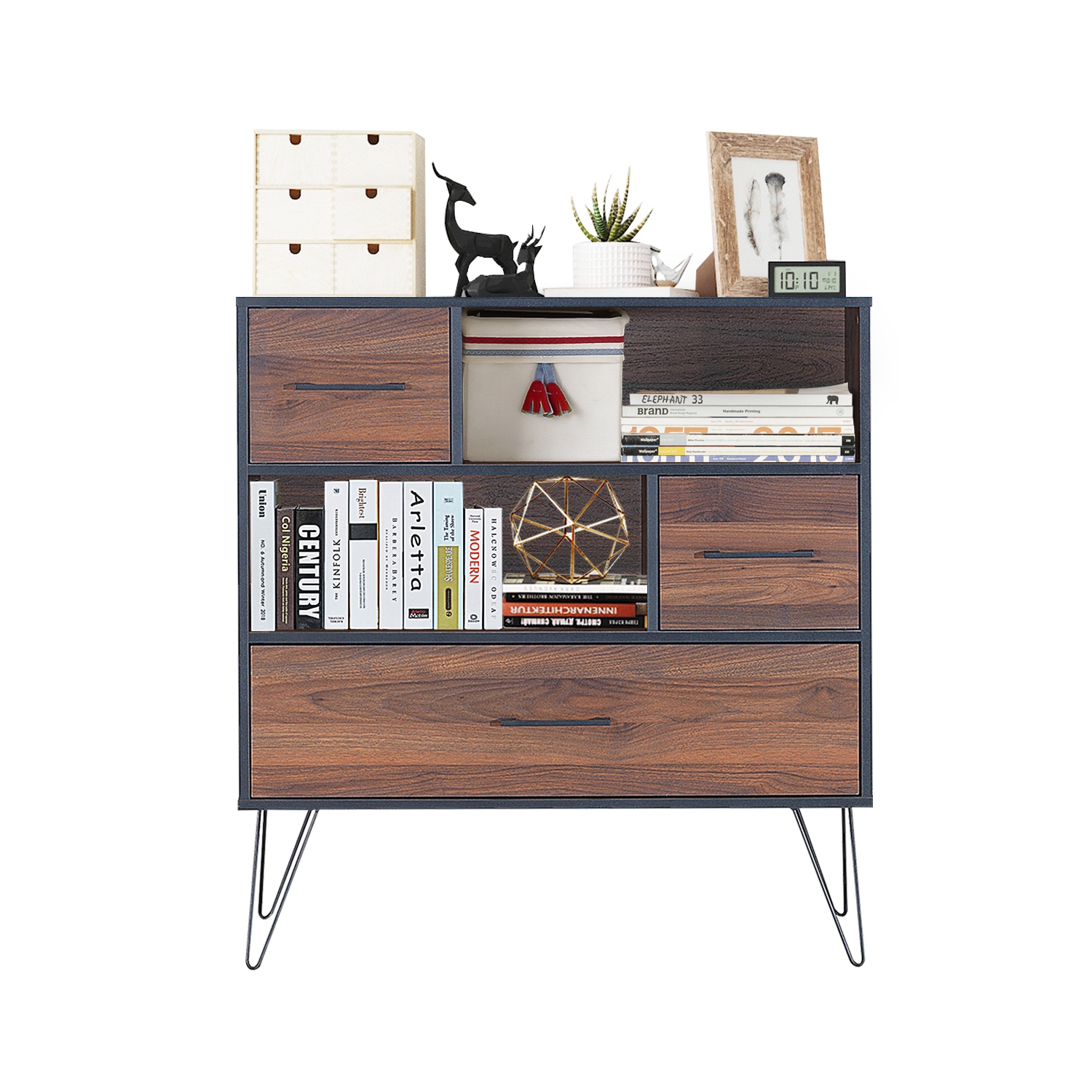 Topbuy – Armoire de rangement multi-usage avec pied en métal et tiroir, noyer