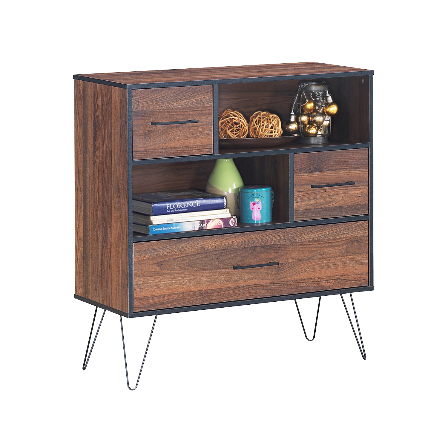 Topbuy – Armoire de rangement multi-usage avec pied en métal et tiroir, noyer
