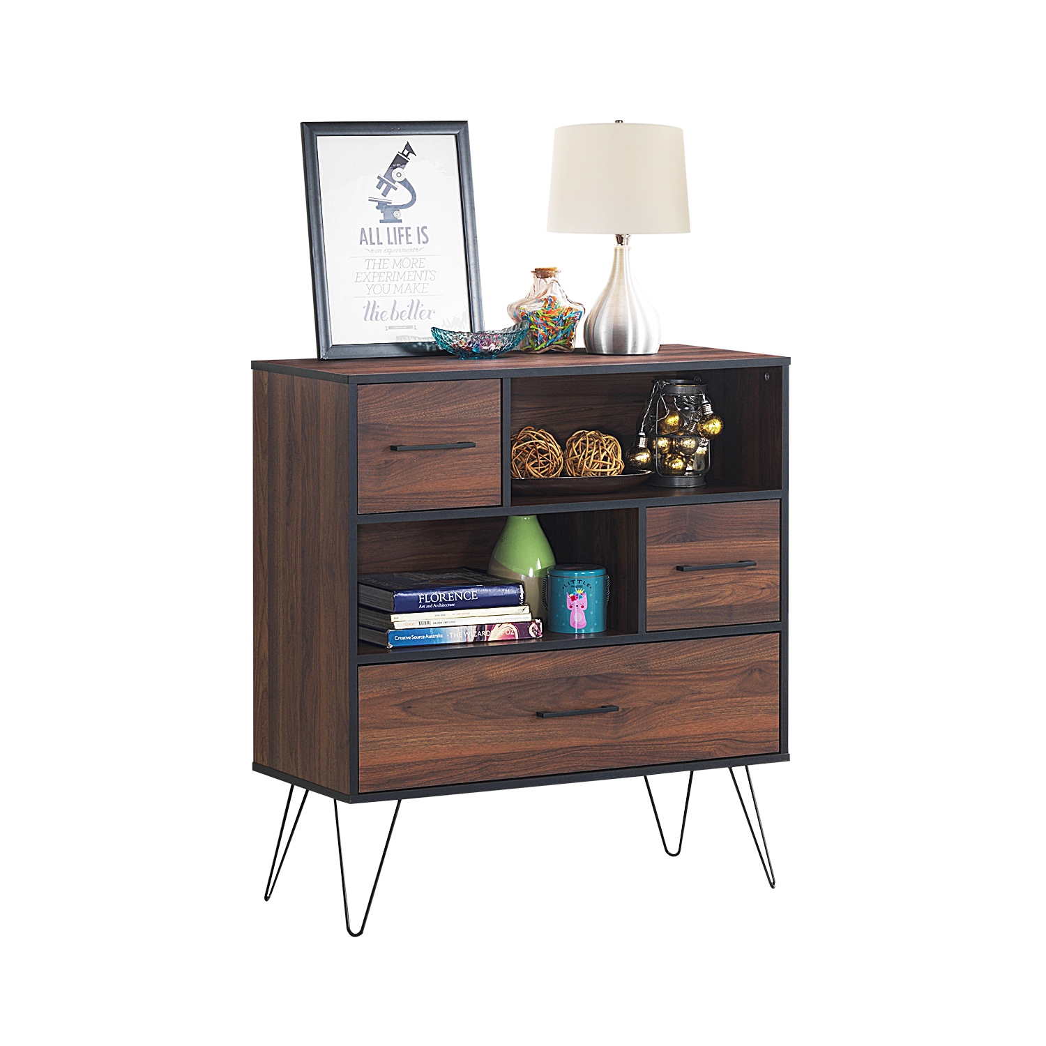 Topbuy – Armoire de rangement multi-usage avec pied en métal et tiroir, noyer
