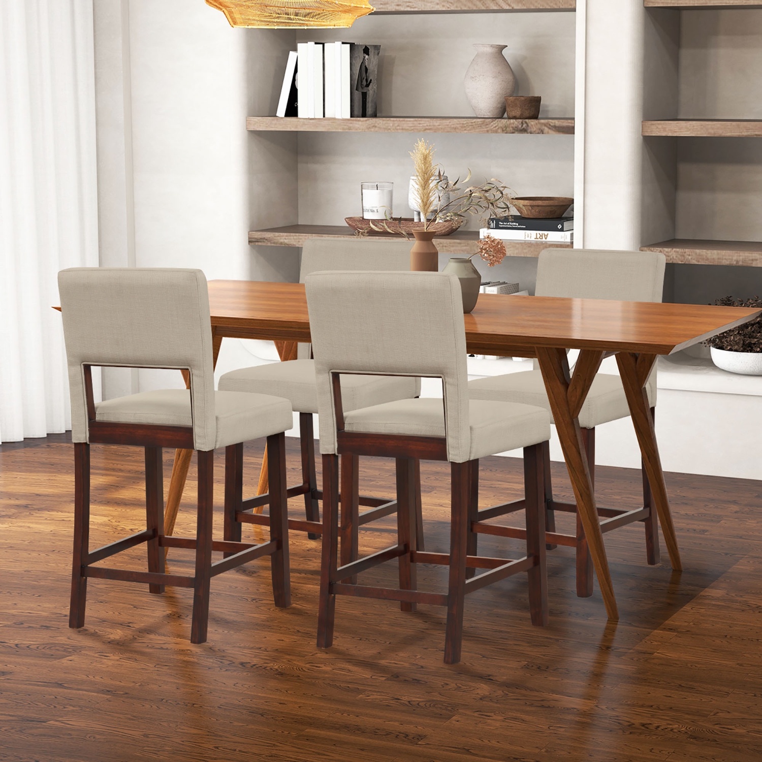 Gymax 4-Piece Linen Fabric/PVC Leather Counter Height Bar Stool Set w/ Back & Rubber Wood Legs