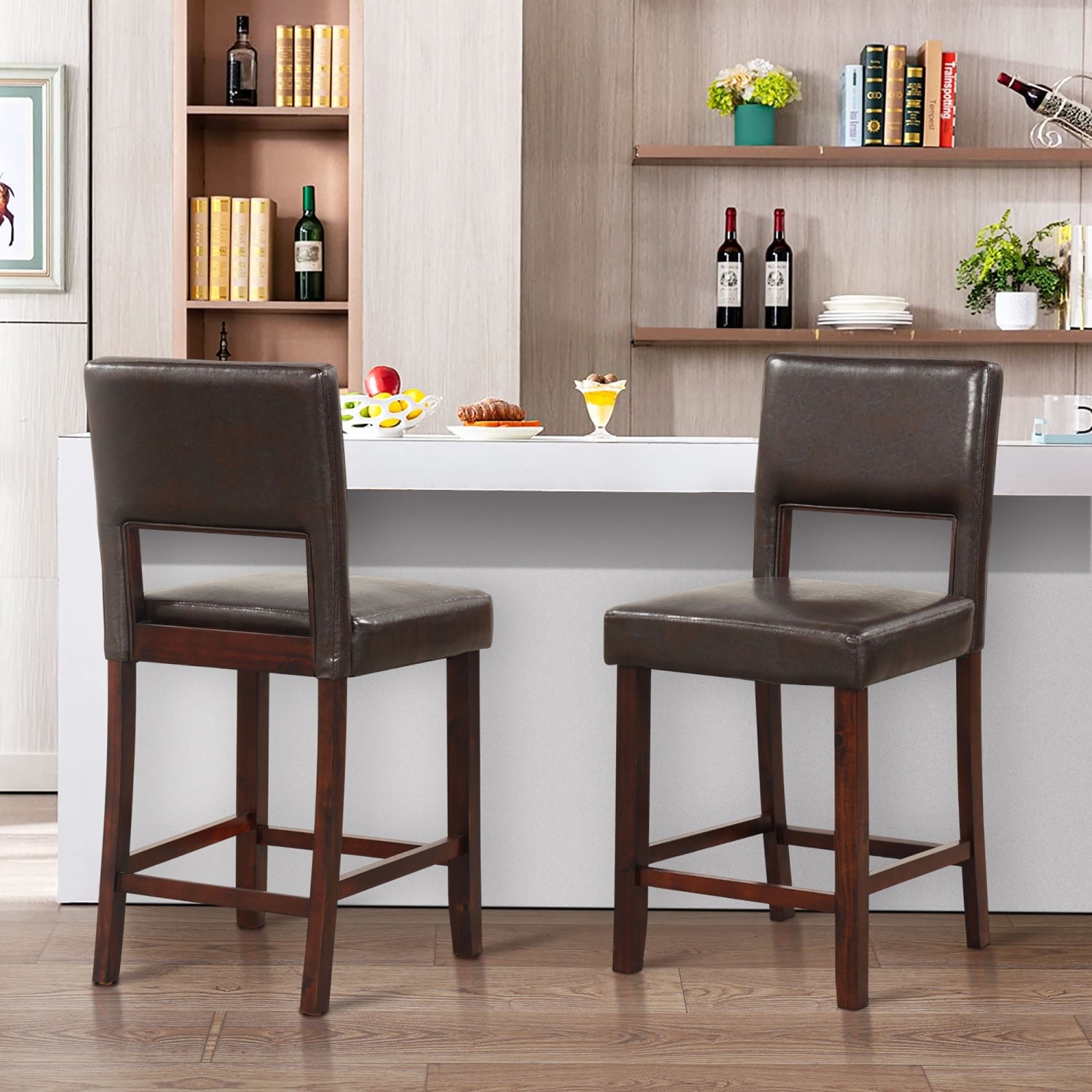 Gymax 4-Piece Linen Fabric/PVC Leather Counter Height Bar Stool Set w/ Back & Rubber Wood Legs