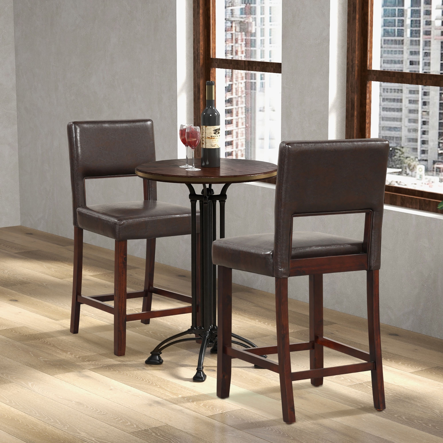 Gymax 4-Piece Linen Fabric/PVC Leather Counter Height Bar Stool Set w/ Back & Rubber Wood Legs