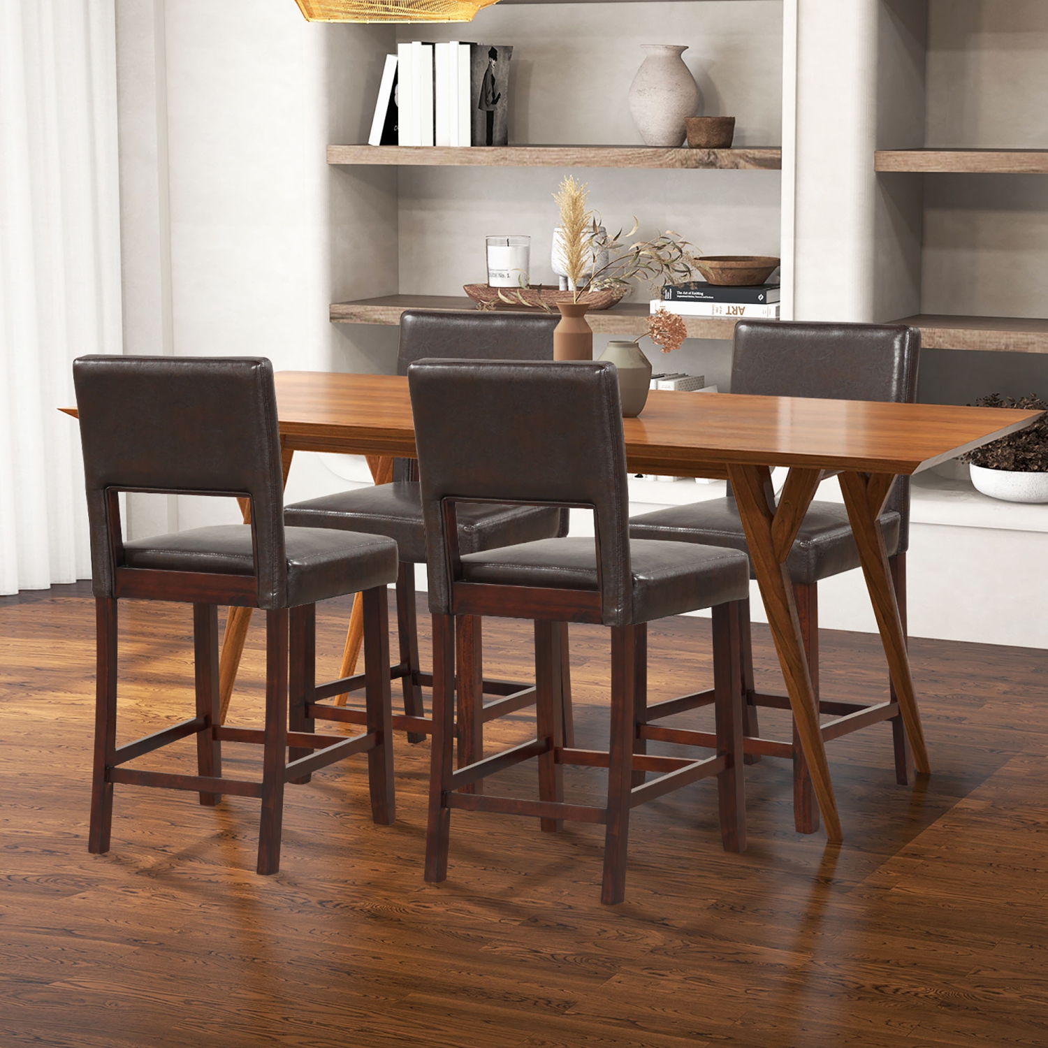 Gymax 4-Piece Linen Fabric/PVC Leather Counter Height Bar Stool Set w/ Back & Rubber Wood Legs