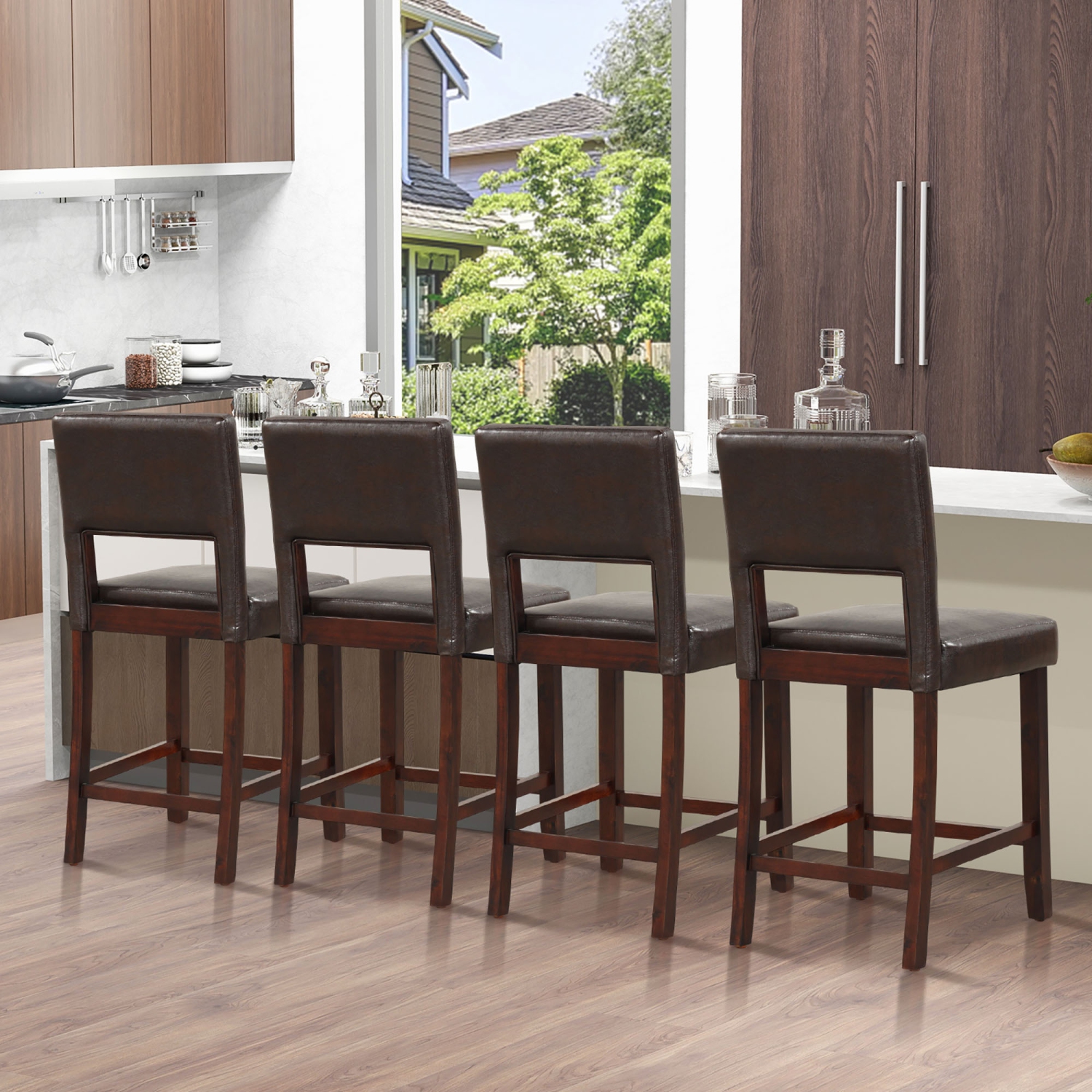 Gymax 4-Piece Linen Fabric/PVC Leather Counter Height Bar Stool Set w/ Back & Rubber Wood Legs
