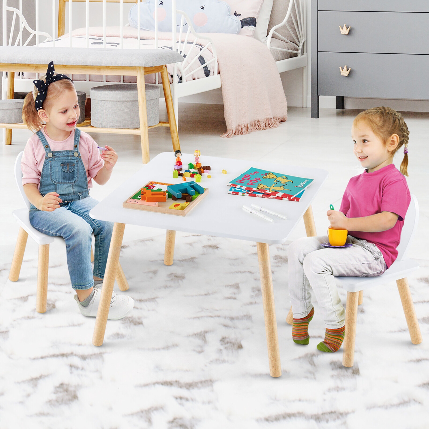 Gymax 3 Pieces Kids Table & Chairs Set Children Wooden Furniture Set w/Solid Wood Legs