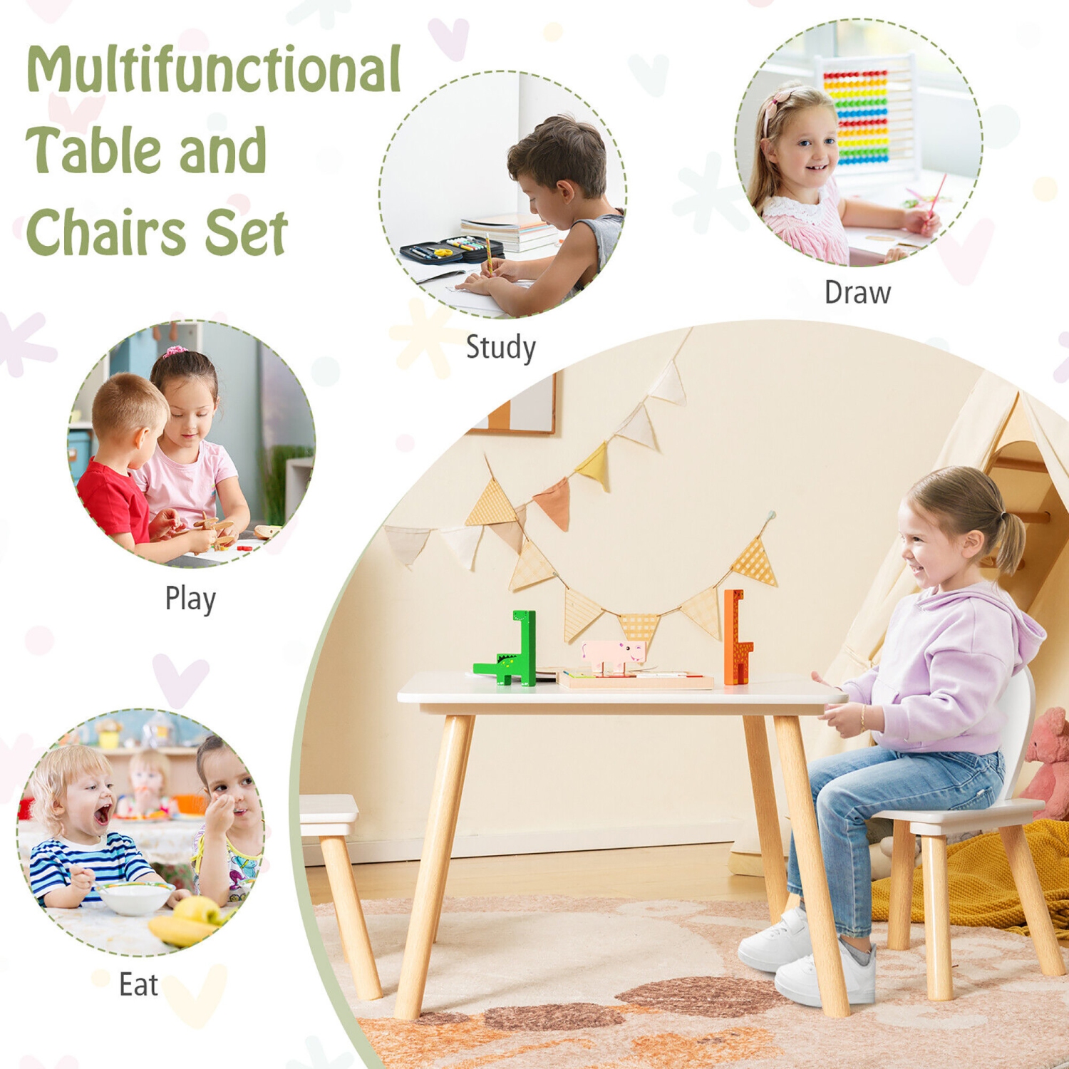 Gymax 3 Pieces Kids Table & Chairs Set Children Wooden Furniture Set w/Solid Wood Legs