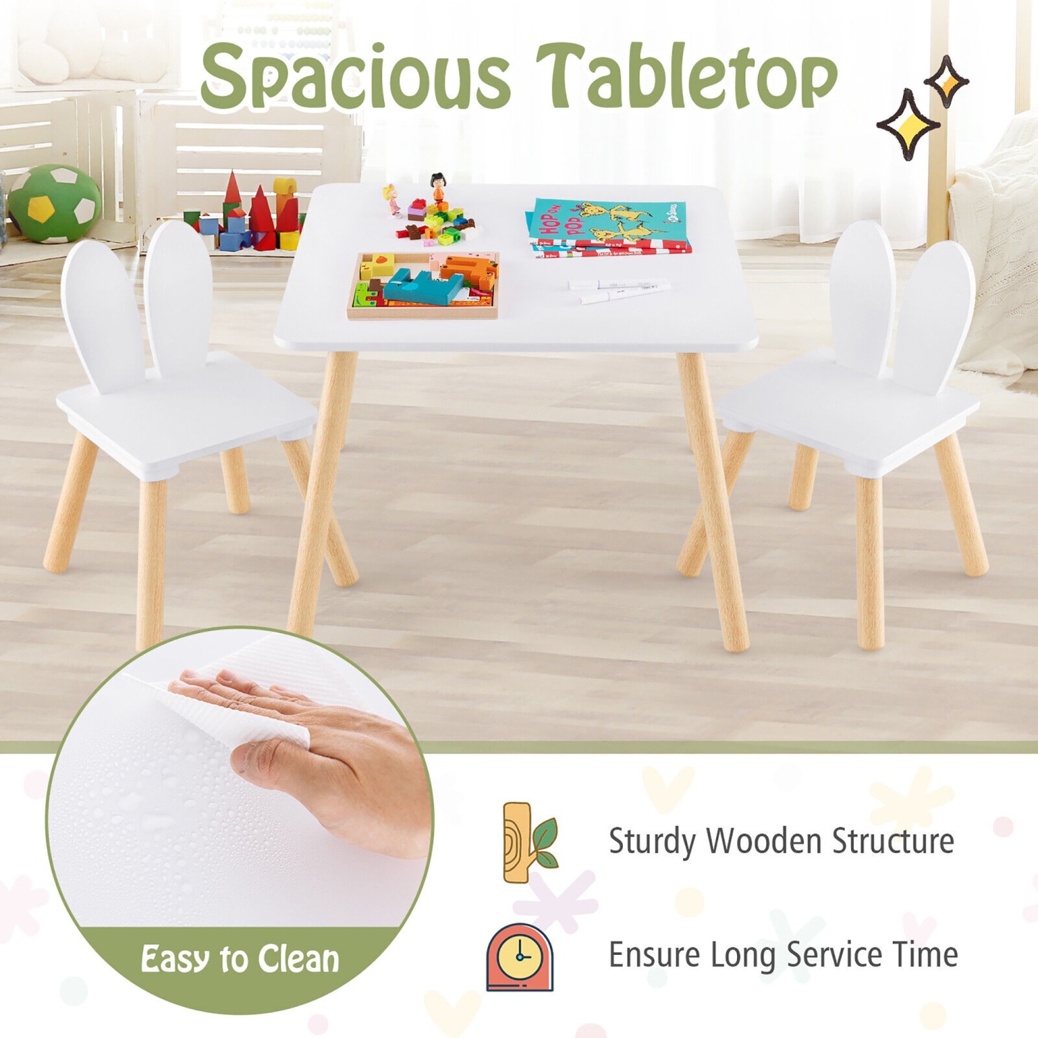Gymax 3 Pieces Kids Table & Chairs Set Children Wooden Furniture Set w/Solid Wood Legs