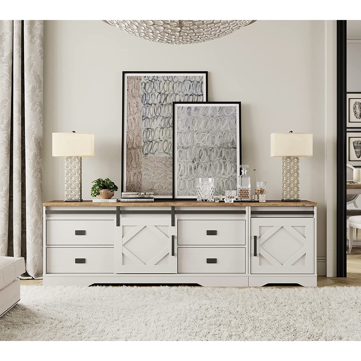 WAMPAT Modern Farmhouse TV Stand for up to 85" TVs Wood Entertainment Center with Drawers and Adjustable Shelf for Living Room, Cream White