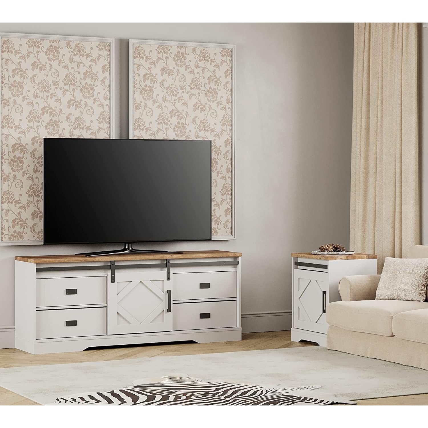 WAMPAT Modern Farmhouse TV Stand for up to 85" TVs Wood Entertainment Center with Drawers and Adjustable Shelf for Living Room, Cream White