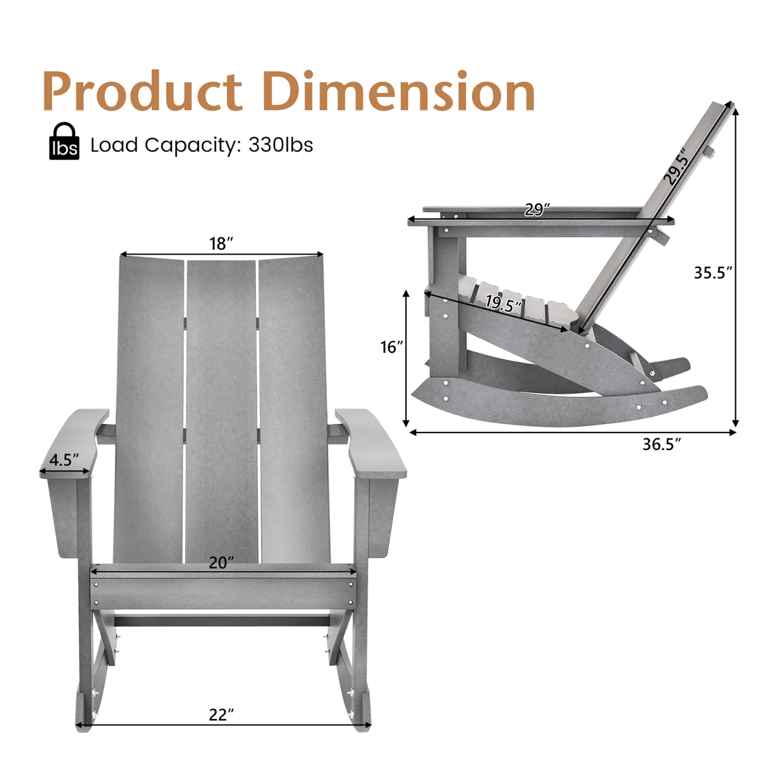 Chaise berçante Adirondack de patio de Costway en PEHD toutes saisons avec siège berçant 330lbs gris pour l'extérieur