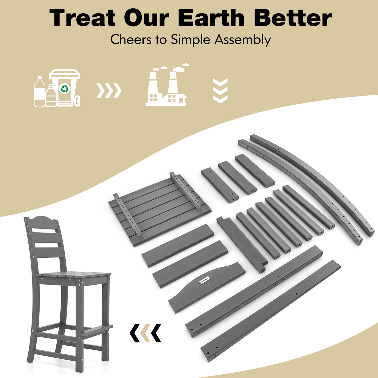 Costway Outdoor HDPE Bar Stool Patio Tall Chair Backrest Footrest All Weather Grey