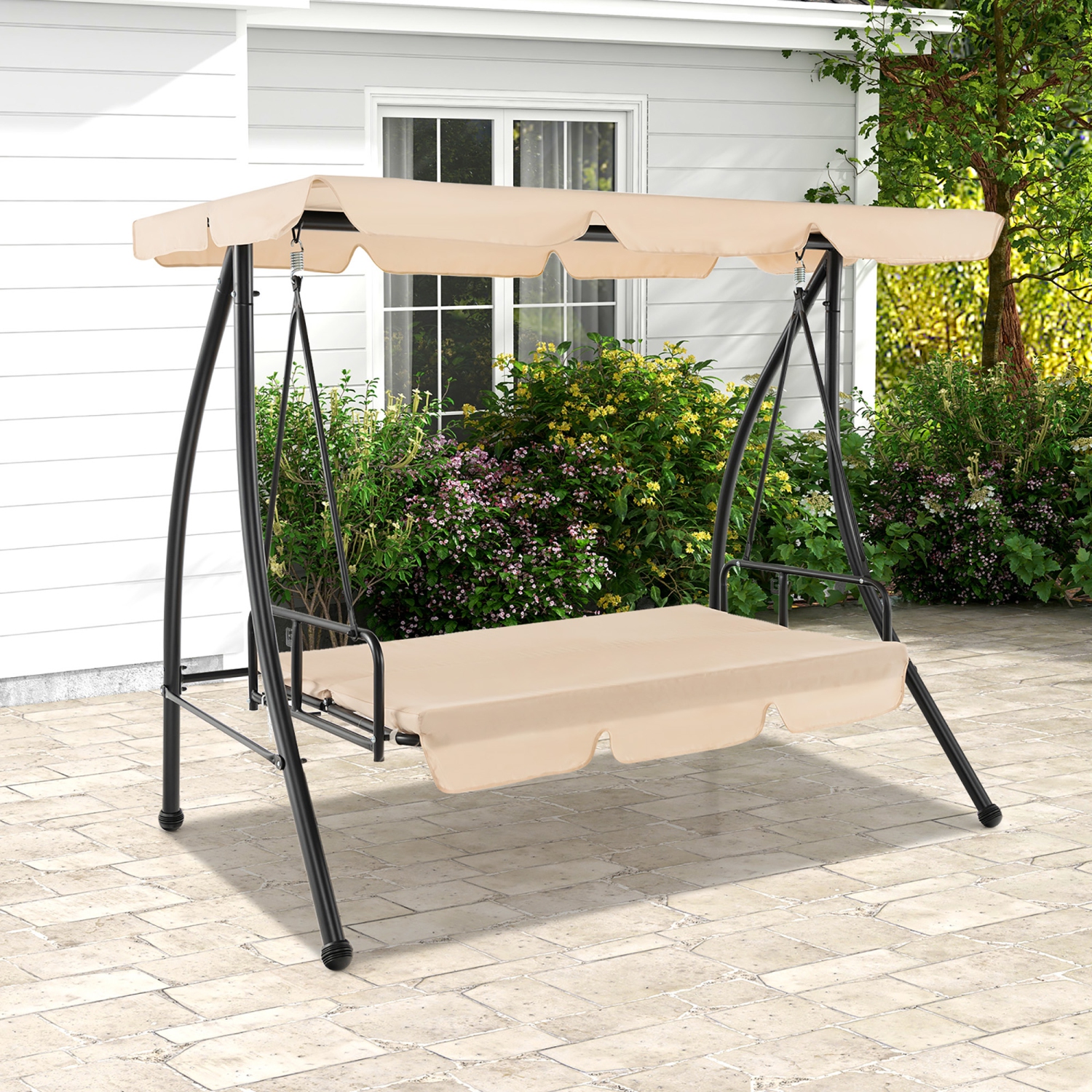 Gymax Outdoor Swing Chair Glider Patio Hammock Converting Flatbed w/ Adjustable Canopy