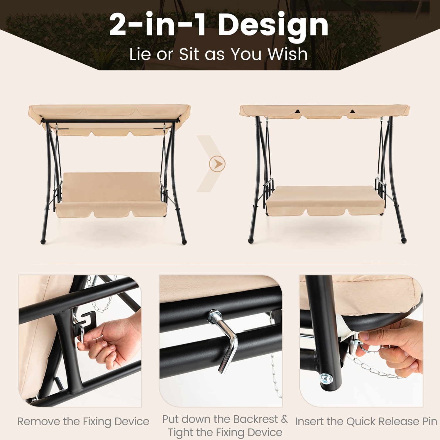 Gymax Outdoor Swing Chair Glider Patio Hammock Converting Flatbed w/ Adjustable Canopy