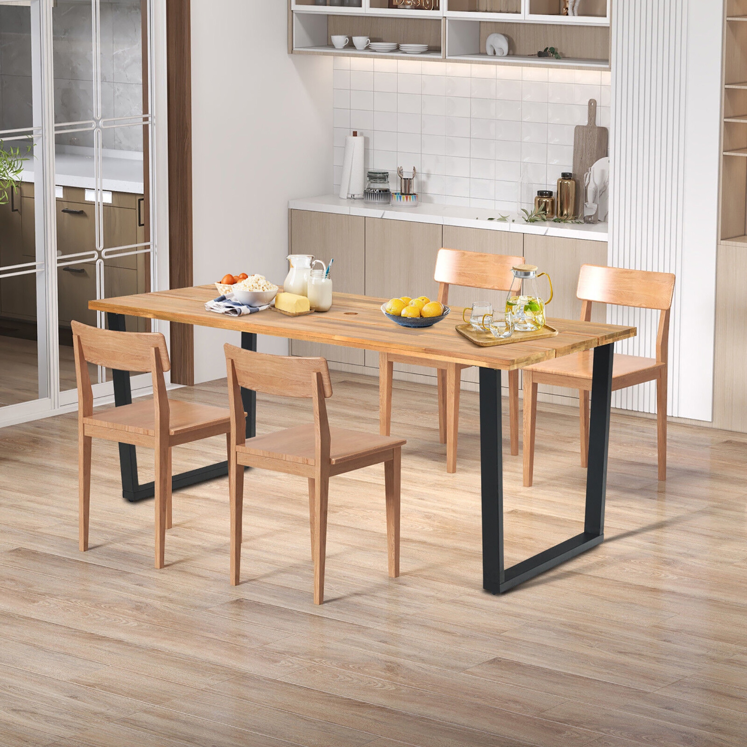 Gymax Patio Rectangle Dining Table Acacia Wood w/ 2'' Umbrella Hole Indoor & Outdoor Deck