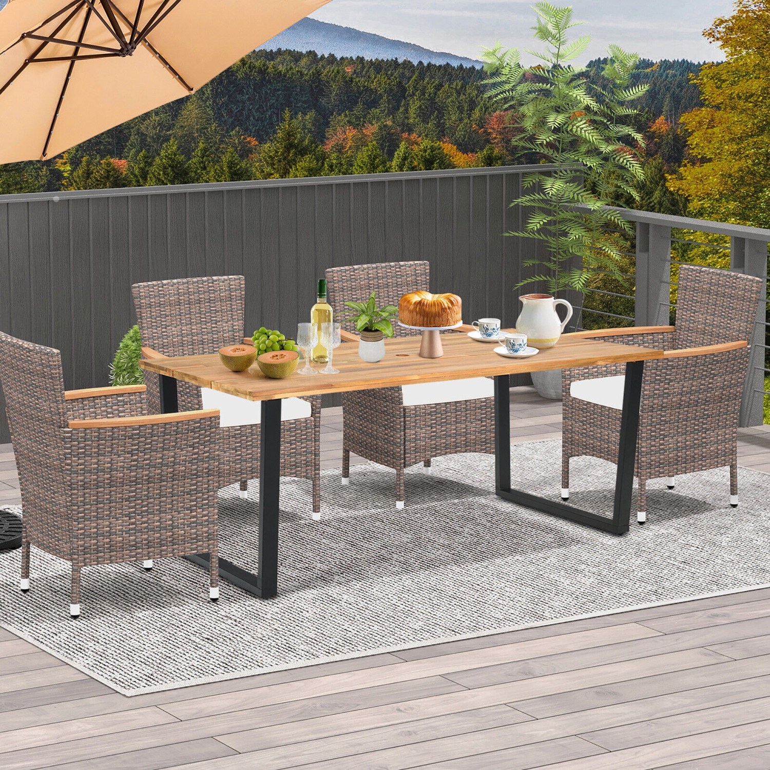 Gymax Patio Rectangle Dining Table Acacia Wood w/ 2'' Umbrella Hole Indoor & Outdoor Deck