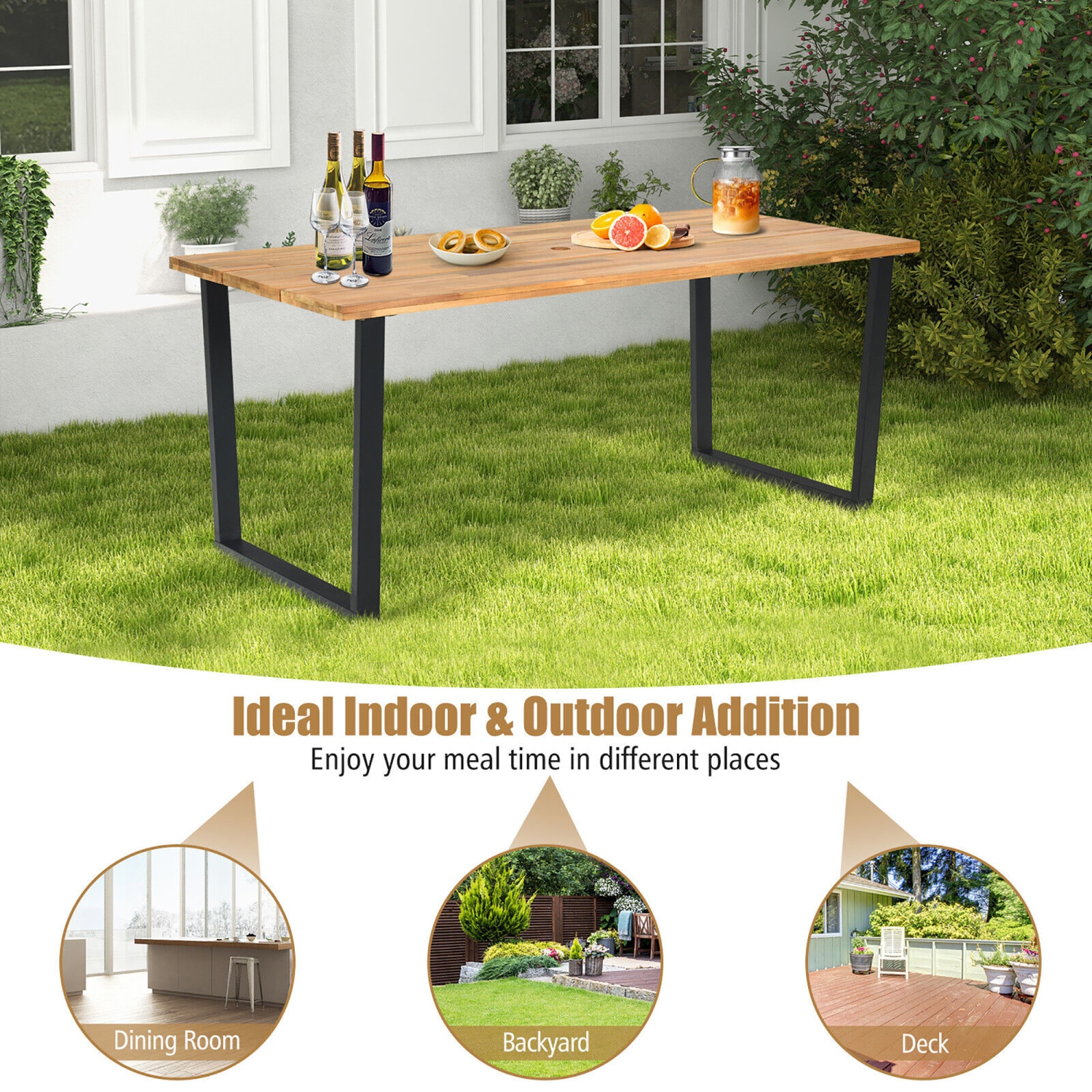 Gymax Patio Rectangle Dining Table Acacia Wood w/ 2'' Umbrella Hole Indoor & Outdoor Deck