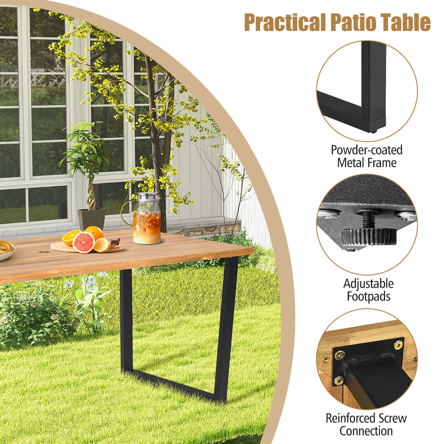 Gymax Patio Rectangle Dining Table Acacia Wood w/ 2'' Umbrella Hole Indoor & Outdoor Deck