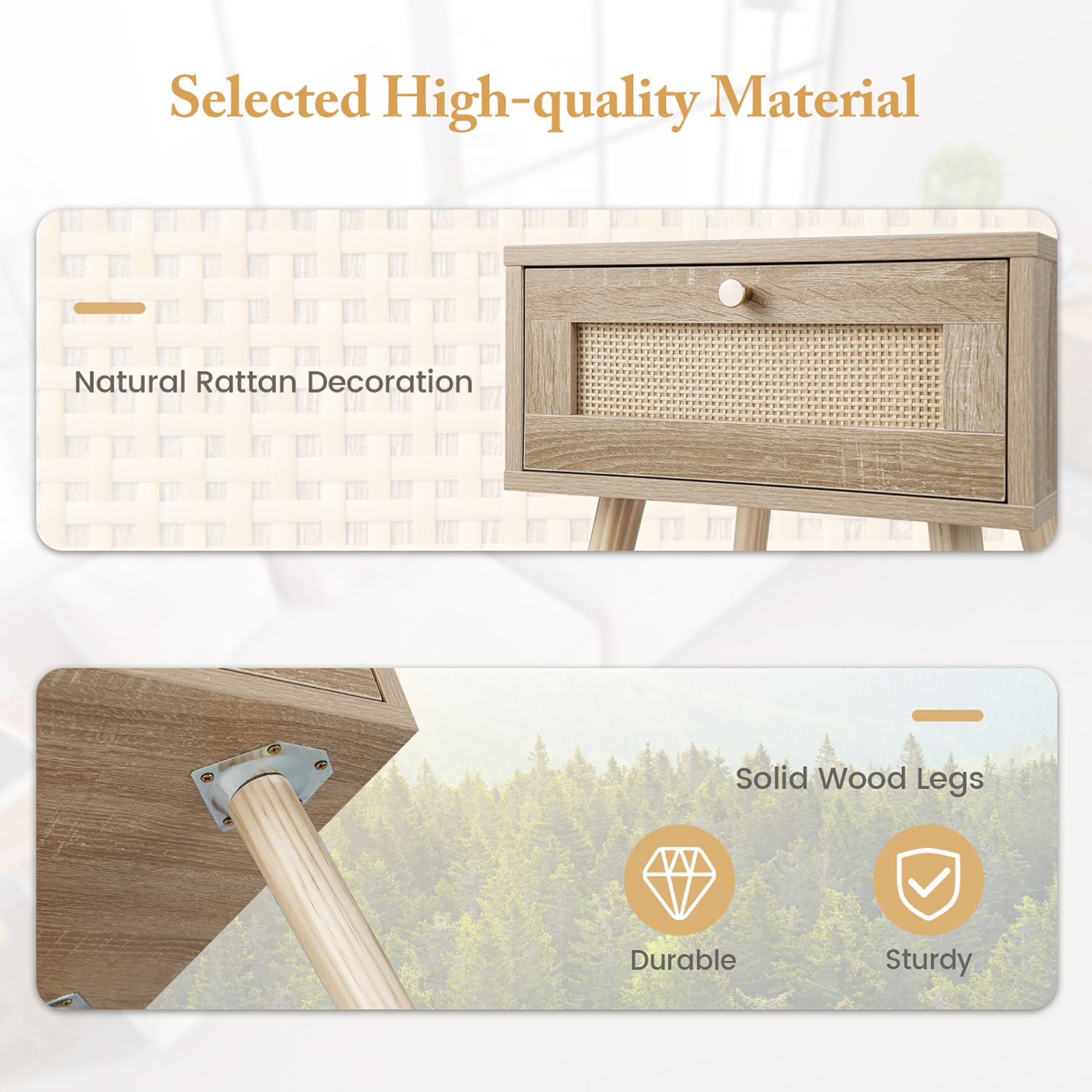 Gymax Nightstand Bedside End Sofa Table with Rattan Drawer for Bedroom & Living Room