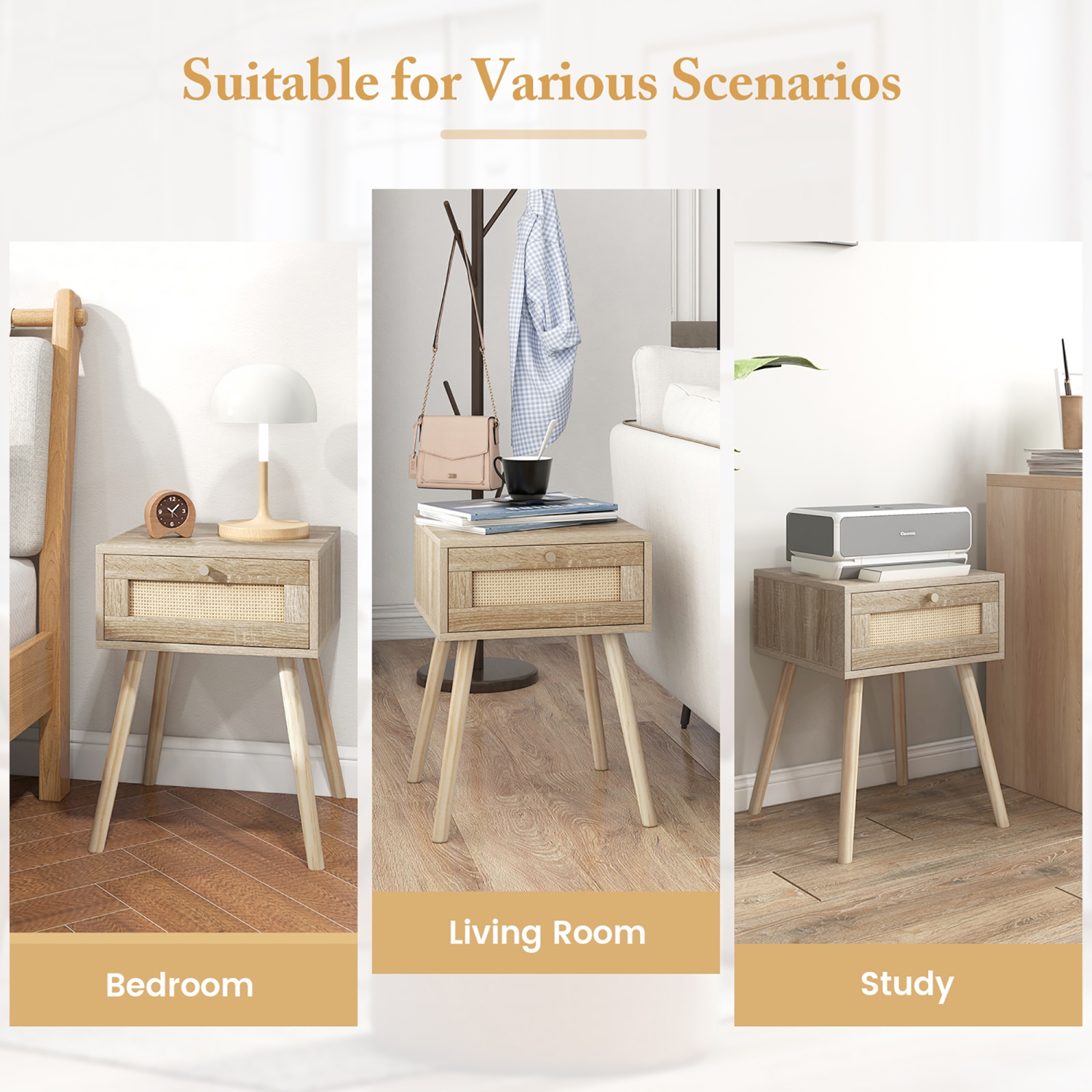 Gymax Nightstand Bedside End Sofa Table with Rattan Drawer for Bedroom & Living Room