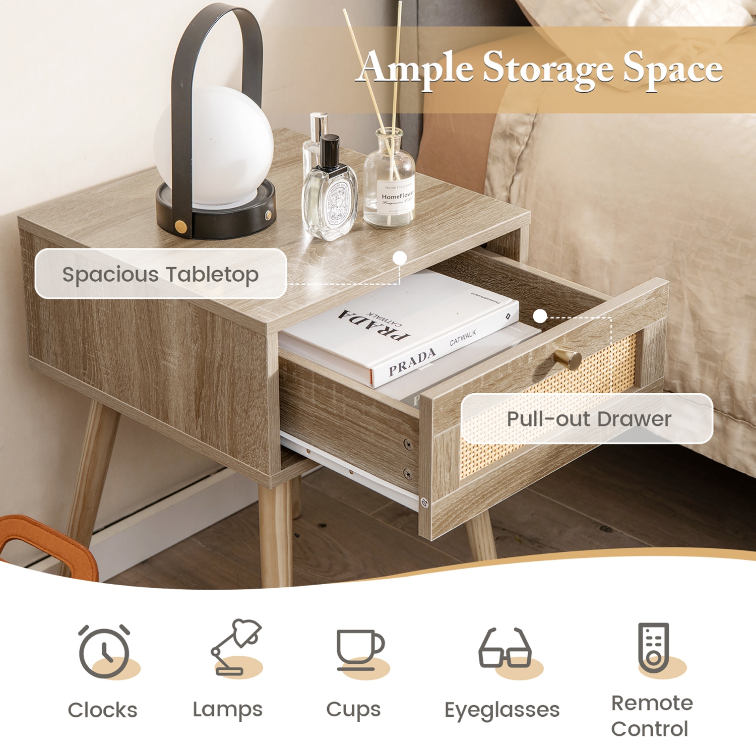 Gymax Nightstand Bedside End Sofa Table with Rattan Drawer for Bedroom & Living Room