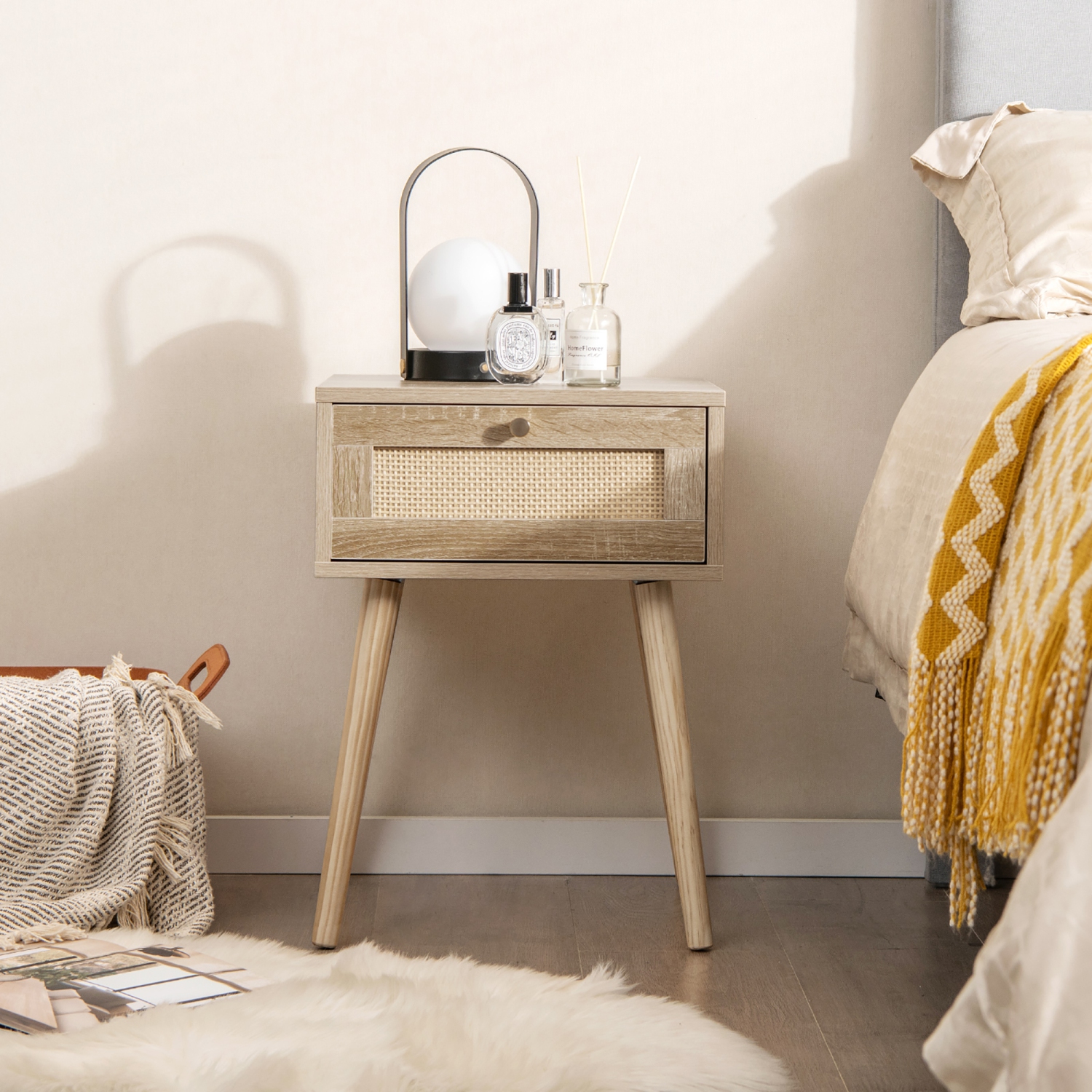 Gymax Nightstand Bedside End Sofa Table with Rattan Drawer for Bedroom & Living Room