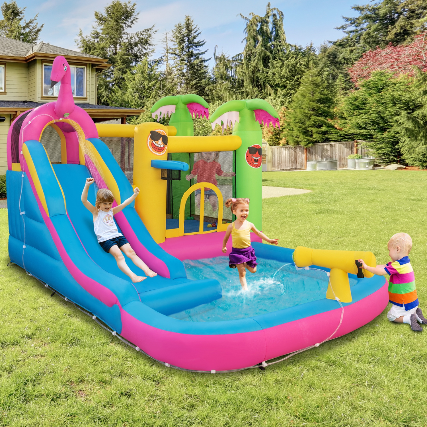 Topbuy 6-In-1 Dry Wet Combo Water Slide Inflatable Bouncy House with Splashing Pool Water Gun & Climbing Wall Blowup Jumping Castle